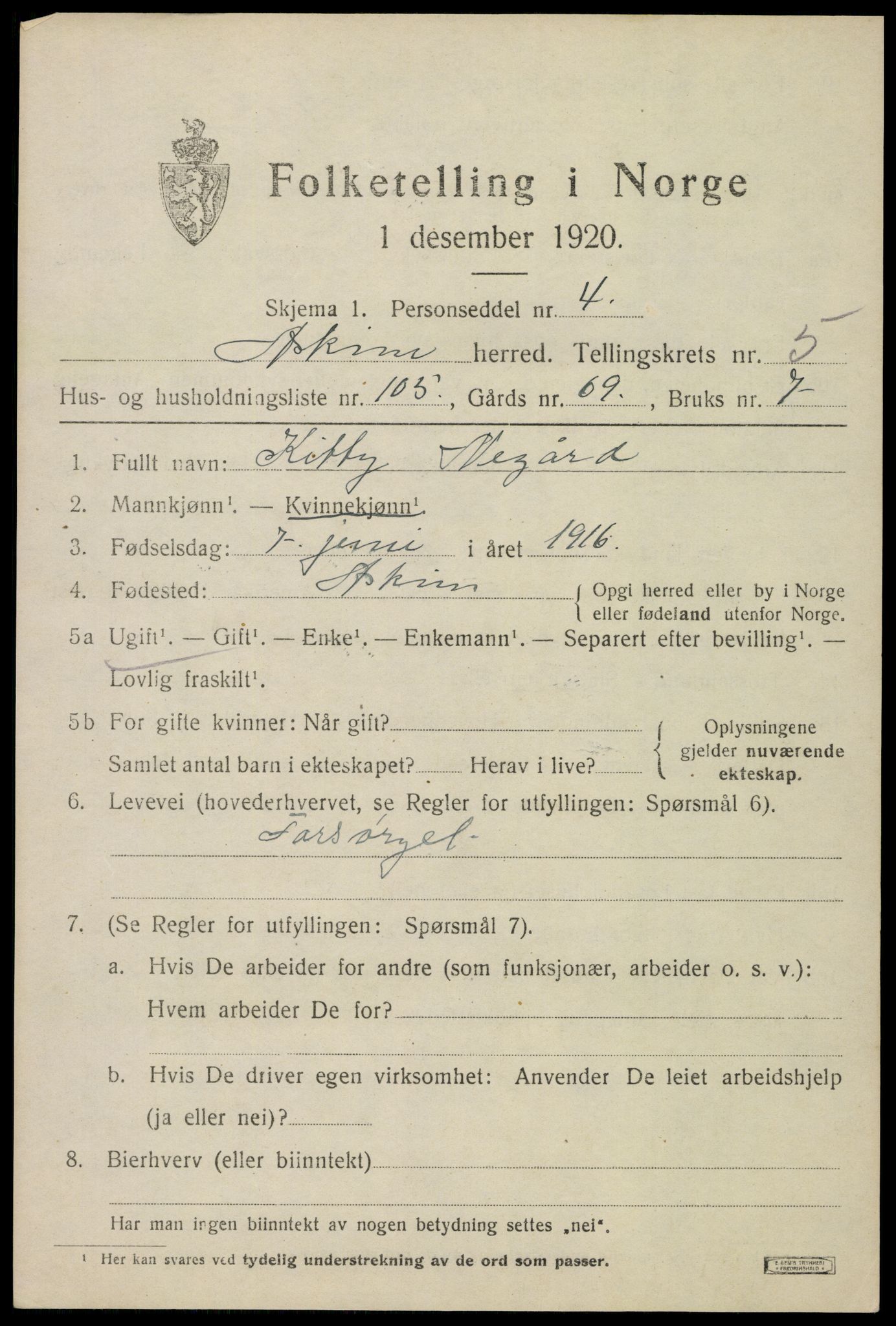 SAO, 1920 census for Askim, 1920, p. 10935