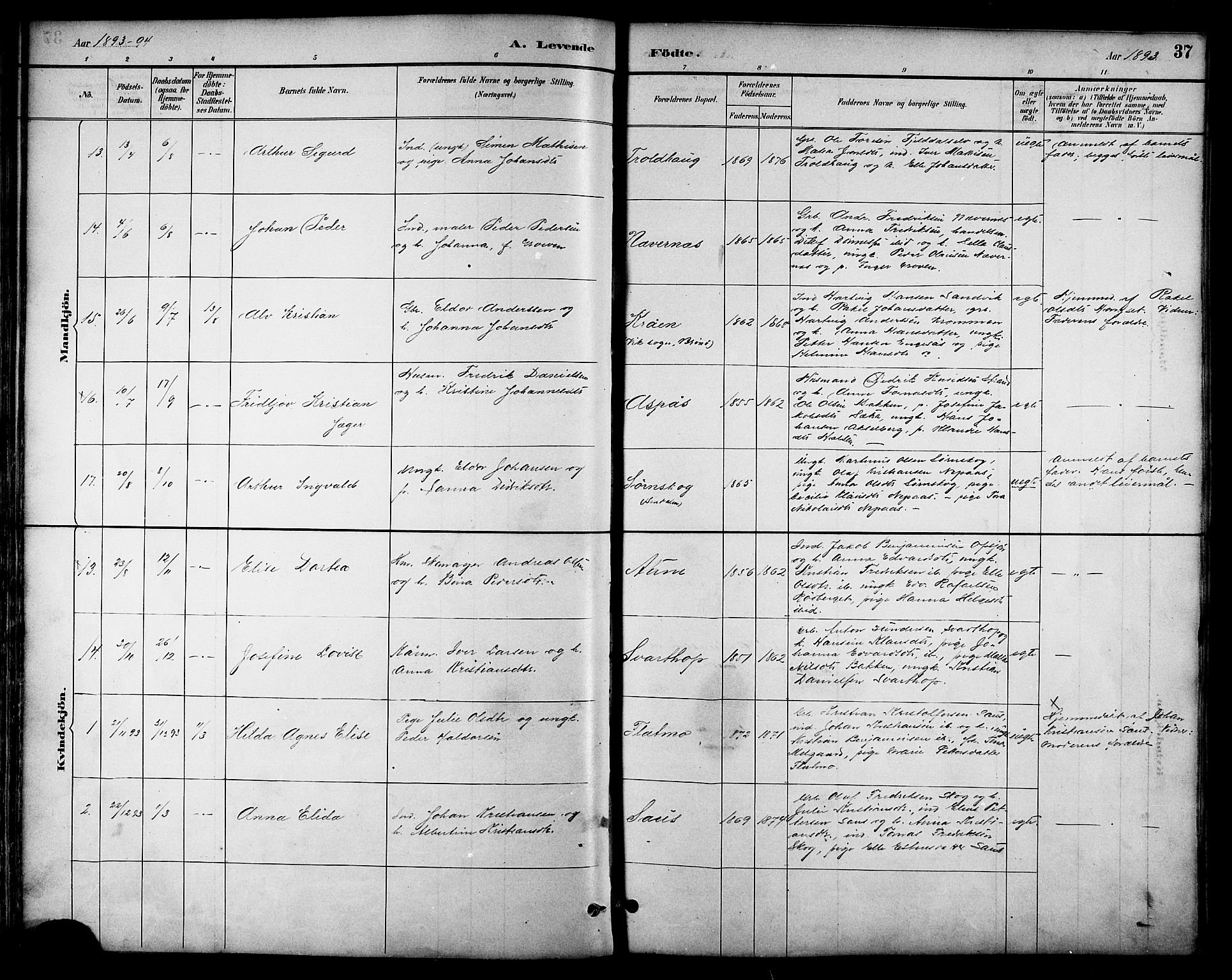 Ministerialprotokoller, klokkerbøker og fødselsregistre - Nordland, AV/SAT-A-1459/814/L0230: Parish register (copy) no. 814C03, 1884-1911, p. 37