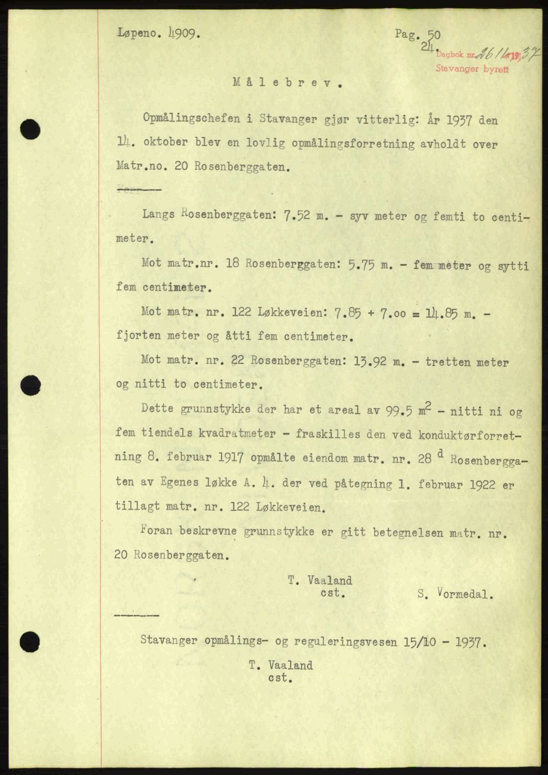Stavanger byrett, SAST/A-100455/002/G/Gb/L0013: Mortgage book no. A3, 1937-1938, Diary no: : 2611/1937