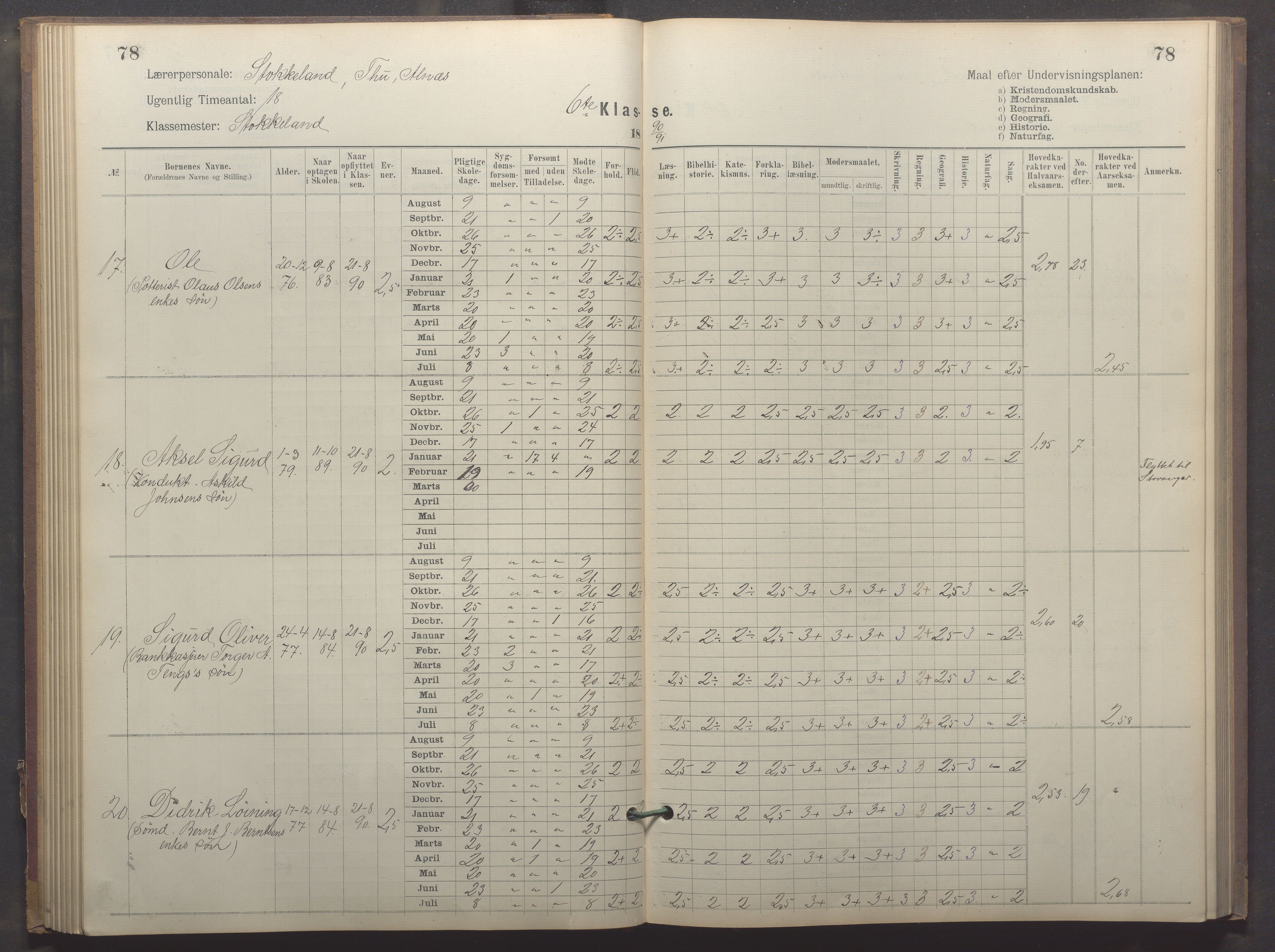 Egersund kommune (Ladested) - Egersund almueskole/folkeskole, IKAR/K-100521/H/L0023: Skoleprotokoll - Almueskolen, 6. klasse, 1886-1892, p. 78