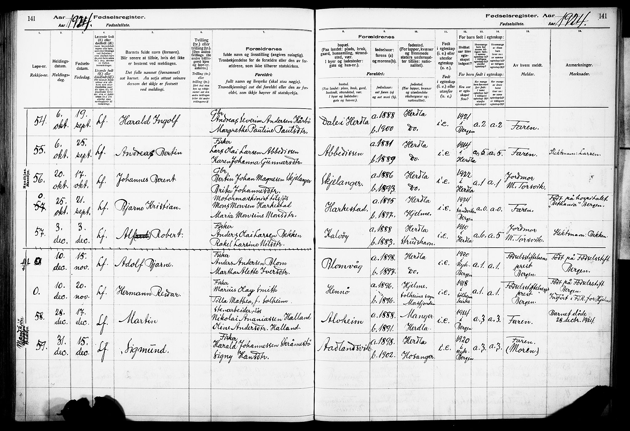 Herdla Sokneprestembete, AV/SAB-A-75701/I/Id/L00A1: Birth register no. A 1, 1916-1929, p. 141