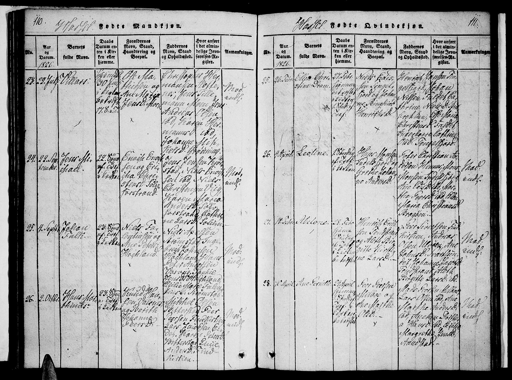 Ministerialprotokoller, klokkerbøker og fødselsregistre - Nordland, SAT/A-1459/888/L1237: Parish register (official) no. 888A05 /1, 1820-1836, p. 110-111