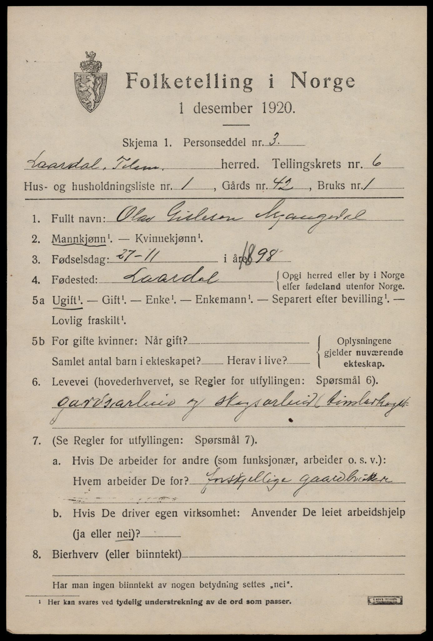 SAKO, 1920 census for Lårdal, 1920, p. 2523