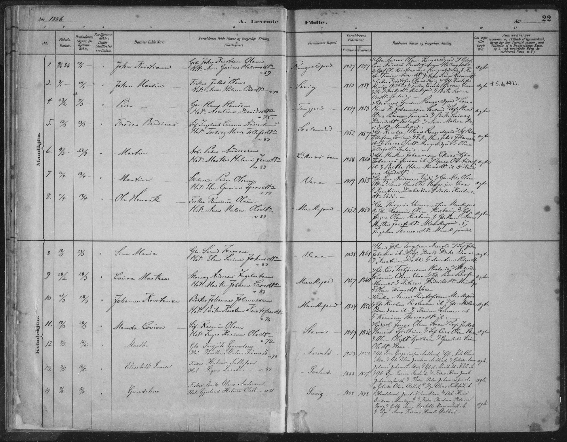 Kopervik sokneprestkontor, SAST/A-101850/H/Ha/Haa/L0004: Parish register (official) no. A 4, 1882-1905, p. 22