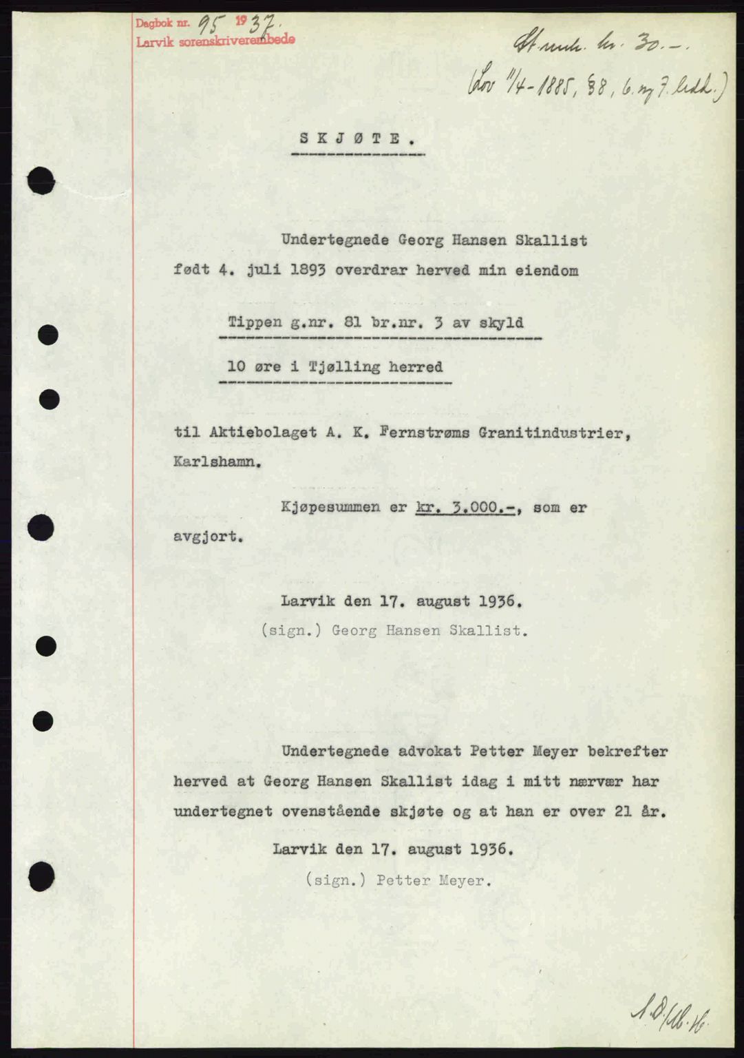 Larvik sorenskriveri, SAKO/A-83/G/Ga/Gab/L0067: Mortgage book no. A-1, 1936-1937, Diary no: : 95/1937