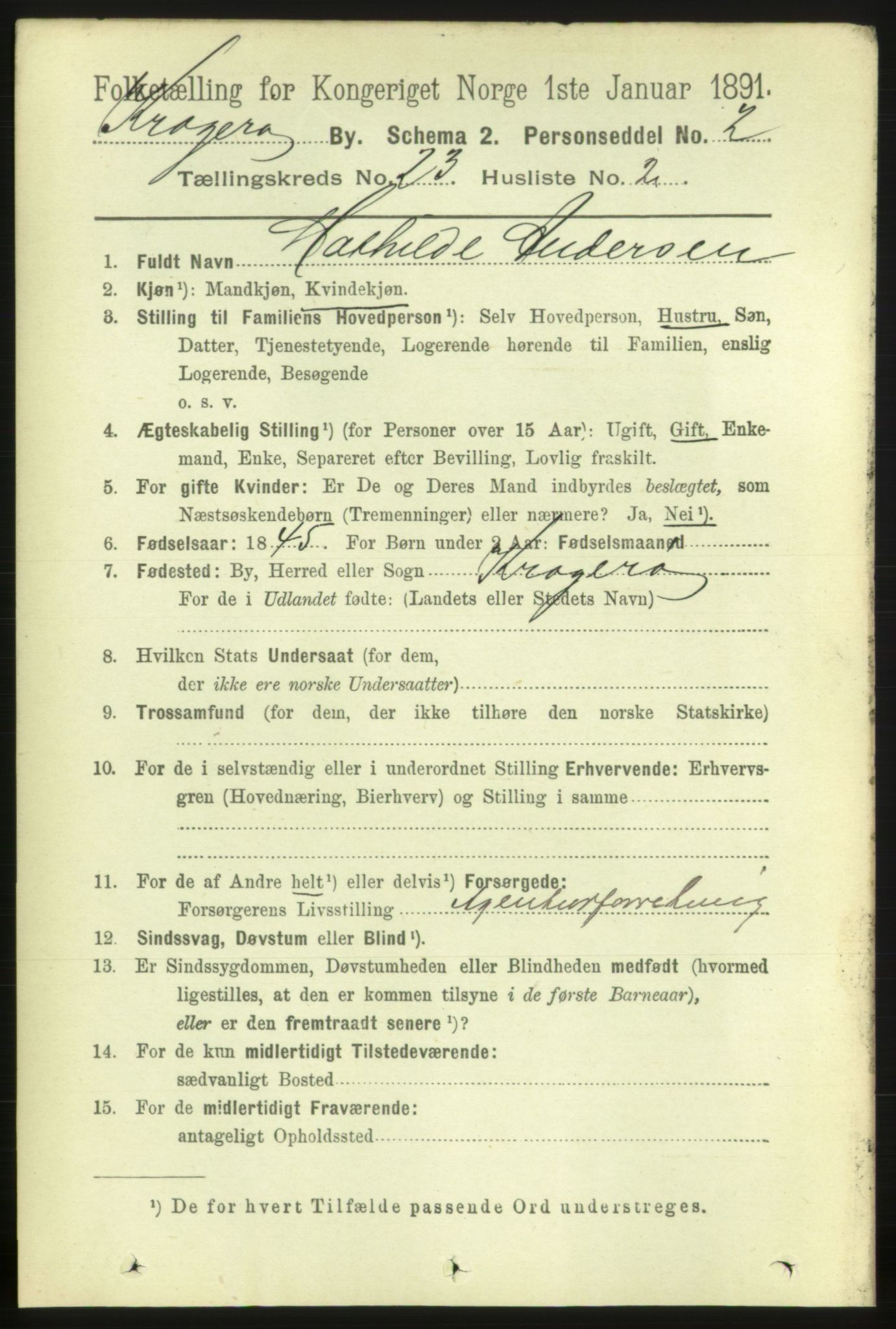 RA, 1891 census for 0801 Kragerø, 1891, p. 4891