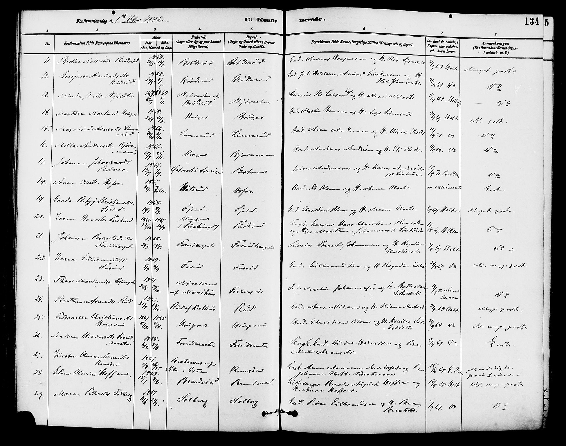 Brandval prestekontor, AV/SAH-PREST-034/H/Ha/Haa/L0002: Parish register (official) no. 2, 1880-1894, p. 134