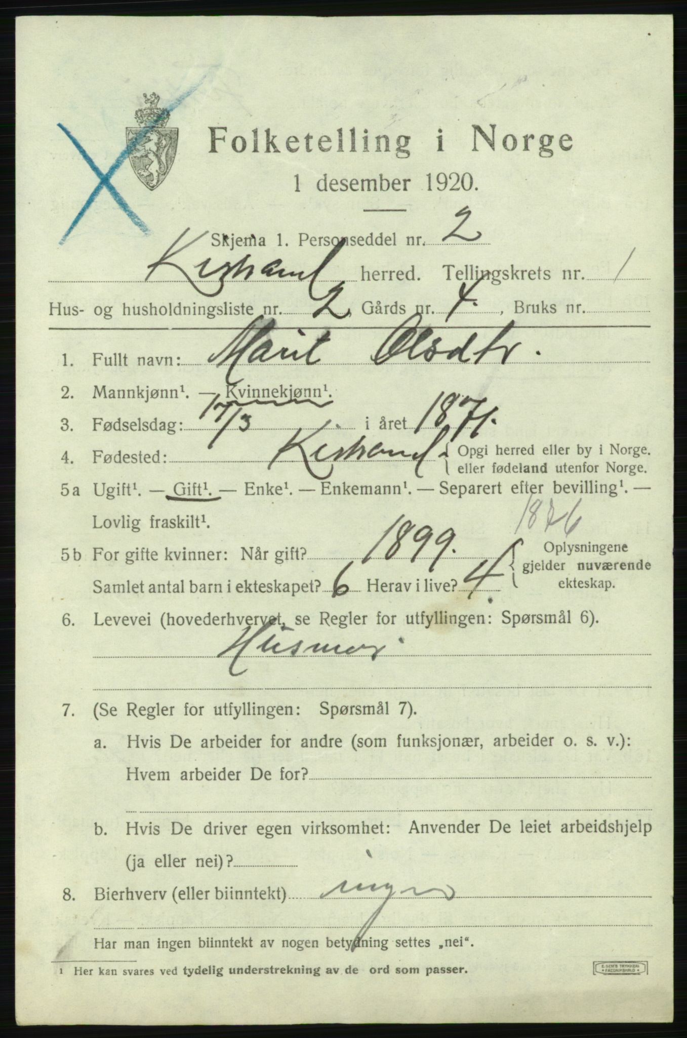 SATØ, 1920 census for Kistrand, 1920, p. 852