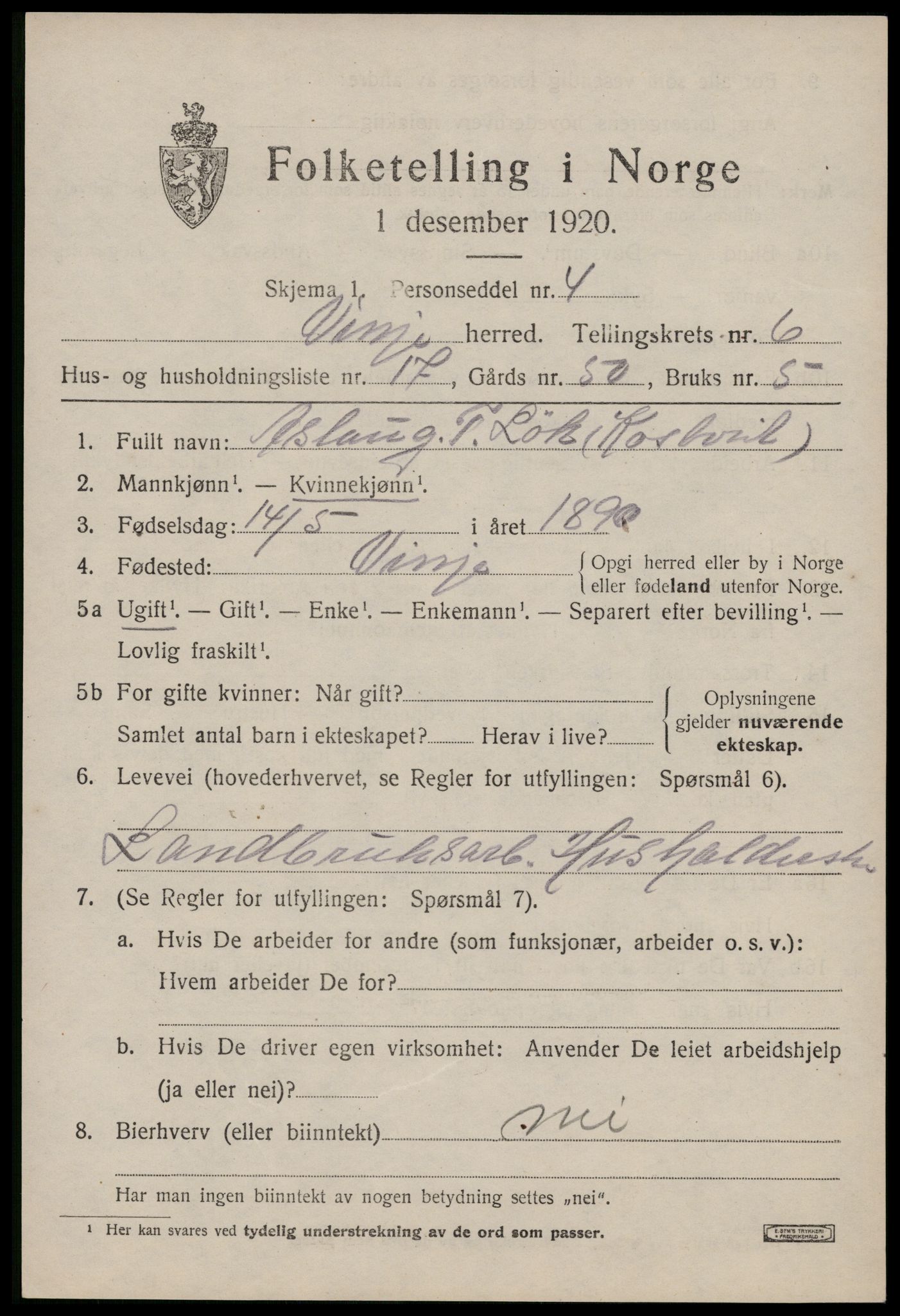 SAKO, 1920 census for Vinje, 1920, p. 1973