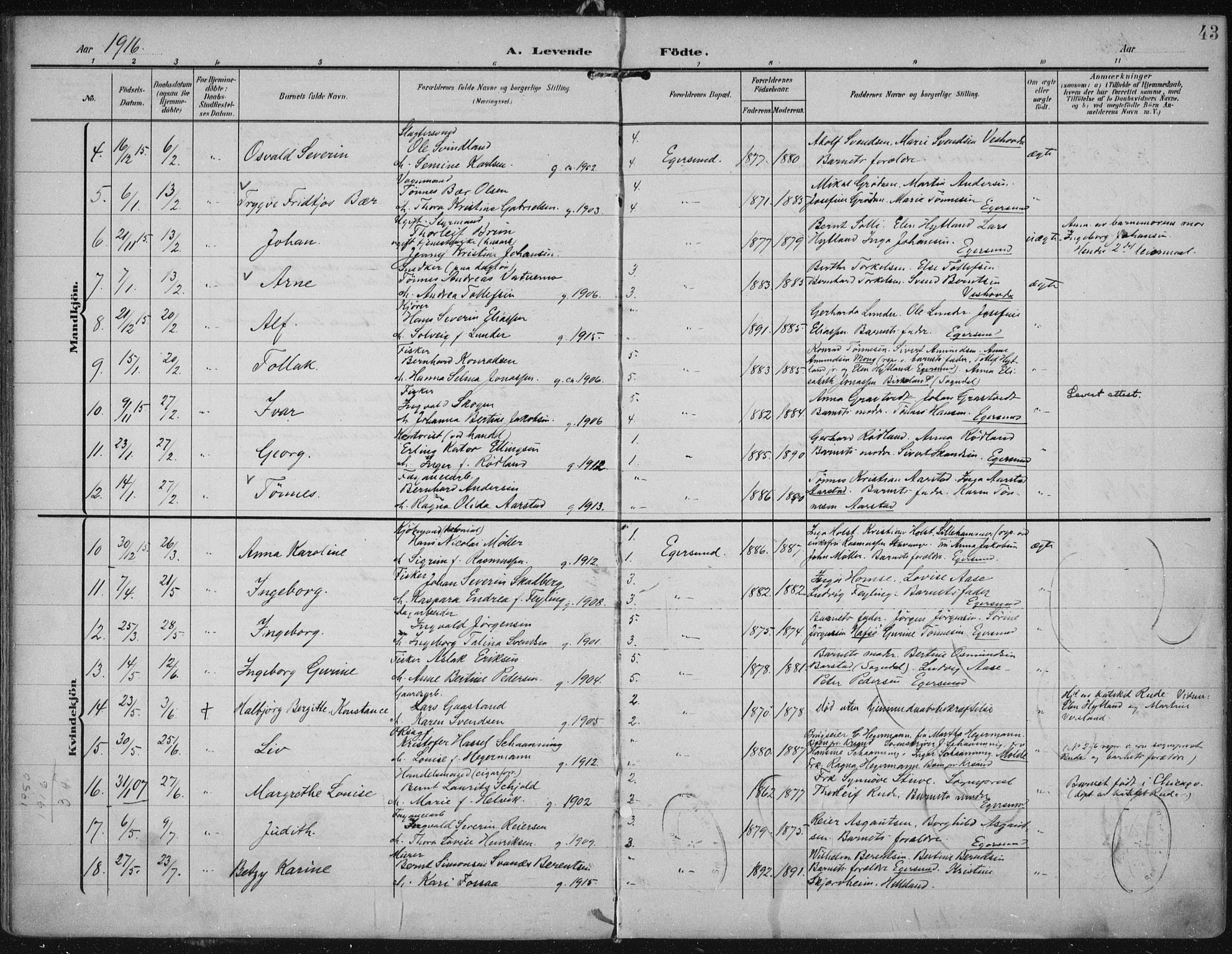 Eigersund sokneprestkontor, AV/SAST-A-101807/S08/L0022: Parish register (official) no. A 21, 1905-1928, p. 43