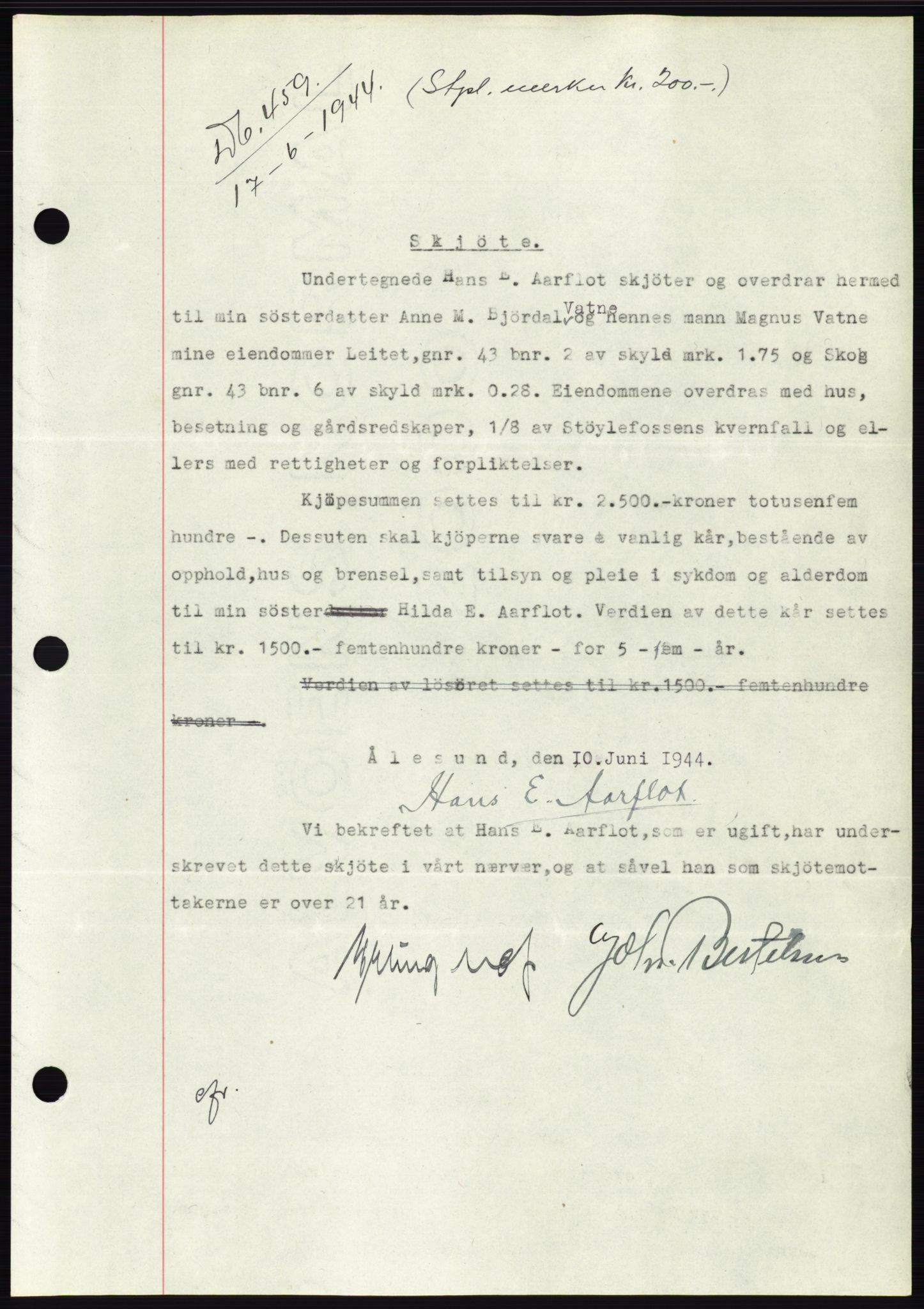 Søre Sunnmøre sorenskriveri, SAT/A-4122/1/2/2C/L0076: Mortgage book no. 2A, 1943-1944, Diary no: : 459/1944