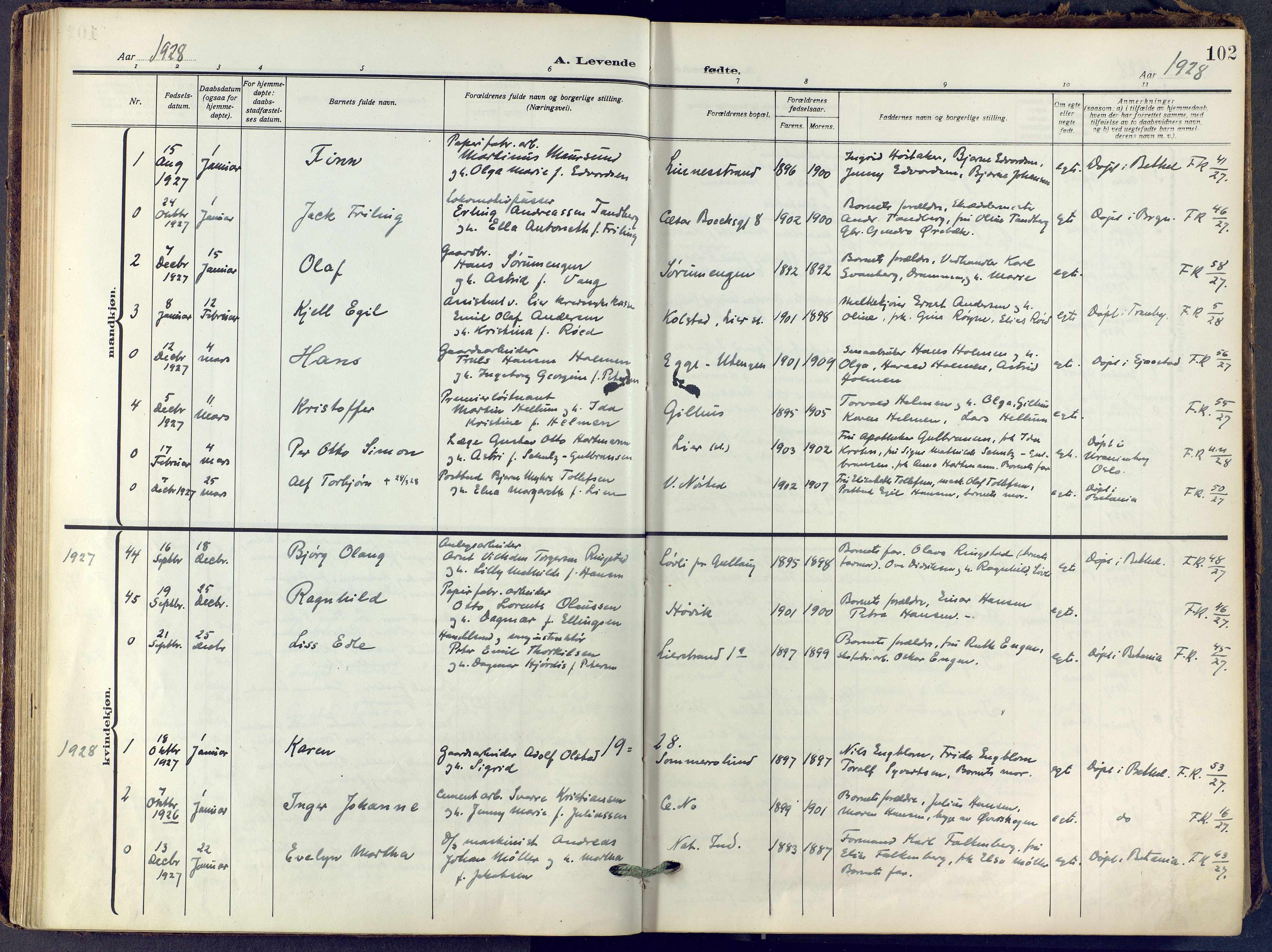 Lier kirkebøker, SAKO/A-230/F/Fa/L0019: Parish register (official) no. I 19, 1918-1928, p. 102