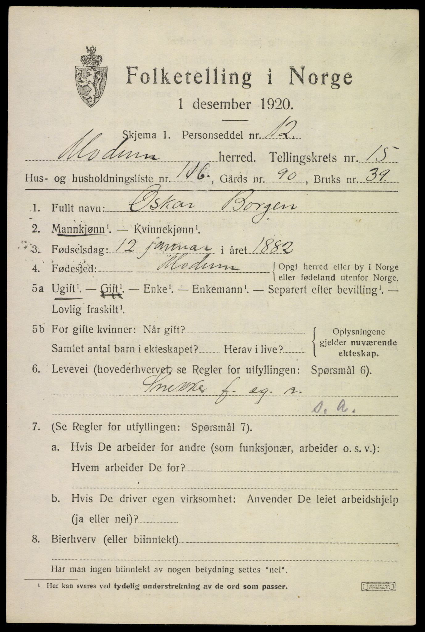 SAKO, 1920 census for Modum, 1920, p. 19401