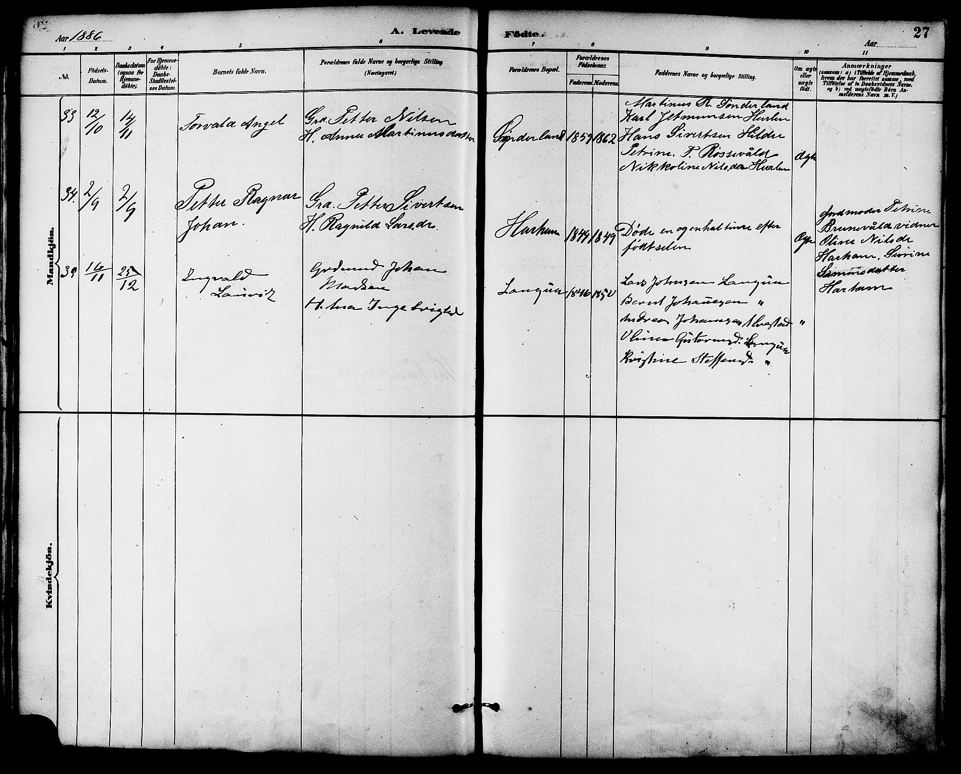 Ministerialprotokoller, klokkerbøker og fødselsregistre - Møre og Romsdal, SAT/A-1454/536/L0501: Parish register (official) no. 536A10, 1884-1896, p. 27