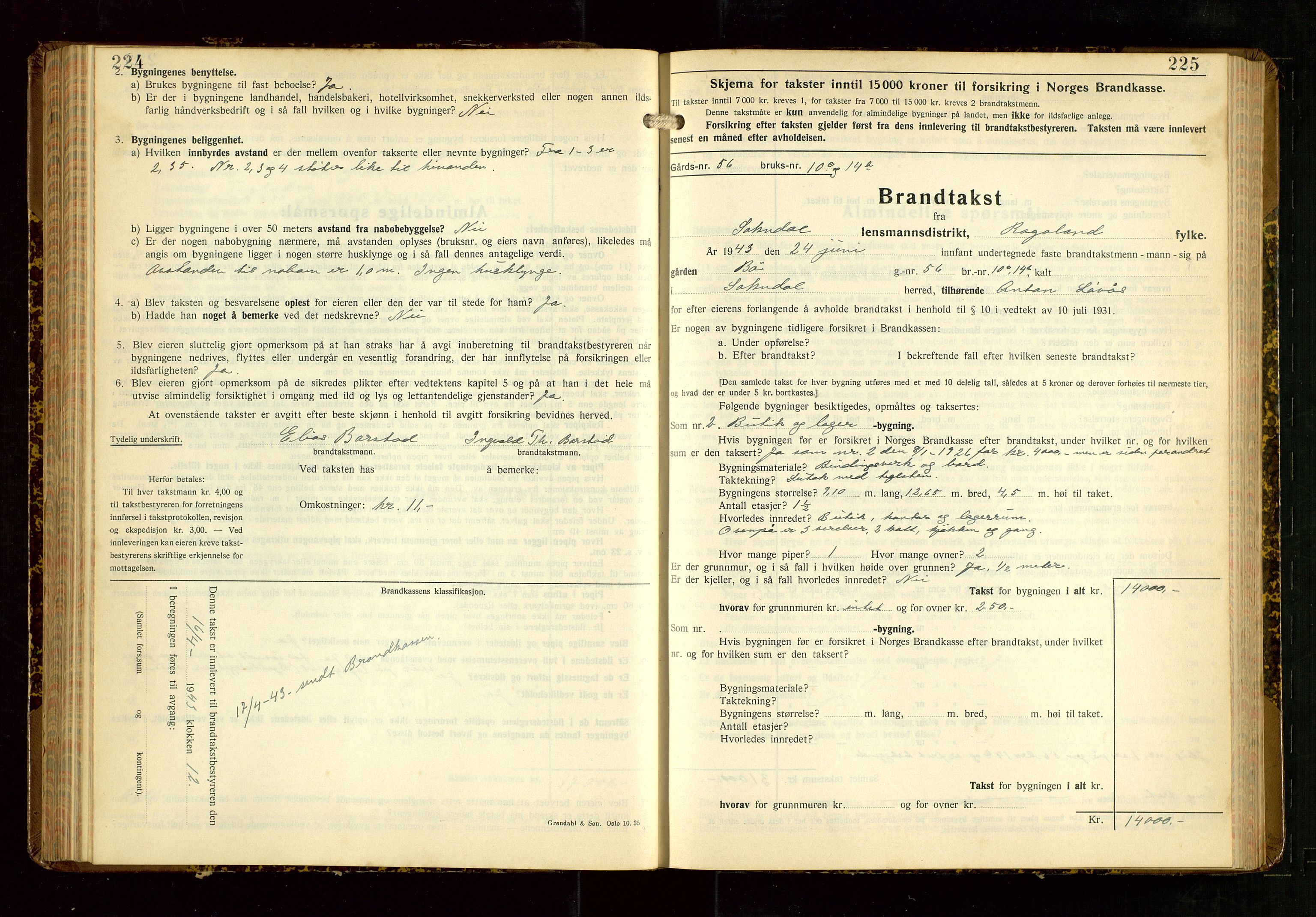 Sokndal lensmannskontor, AV/SAST-A-100417/Gob/L0008: "Brandtakst-Protokoll", 1937-1955, p. 224-225