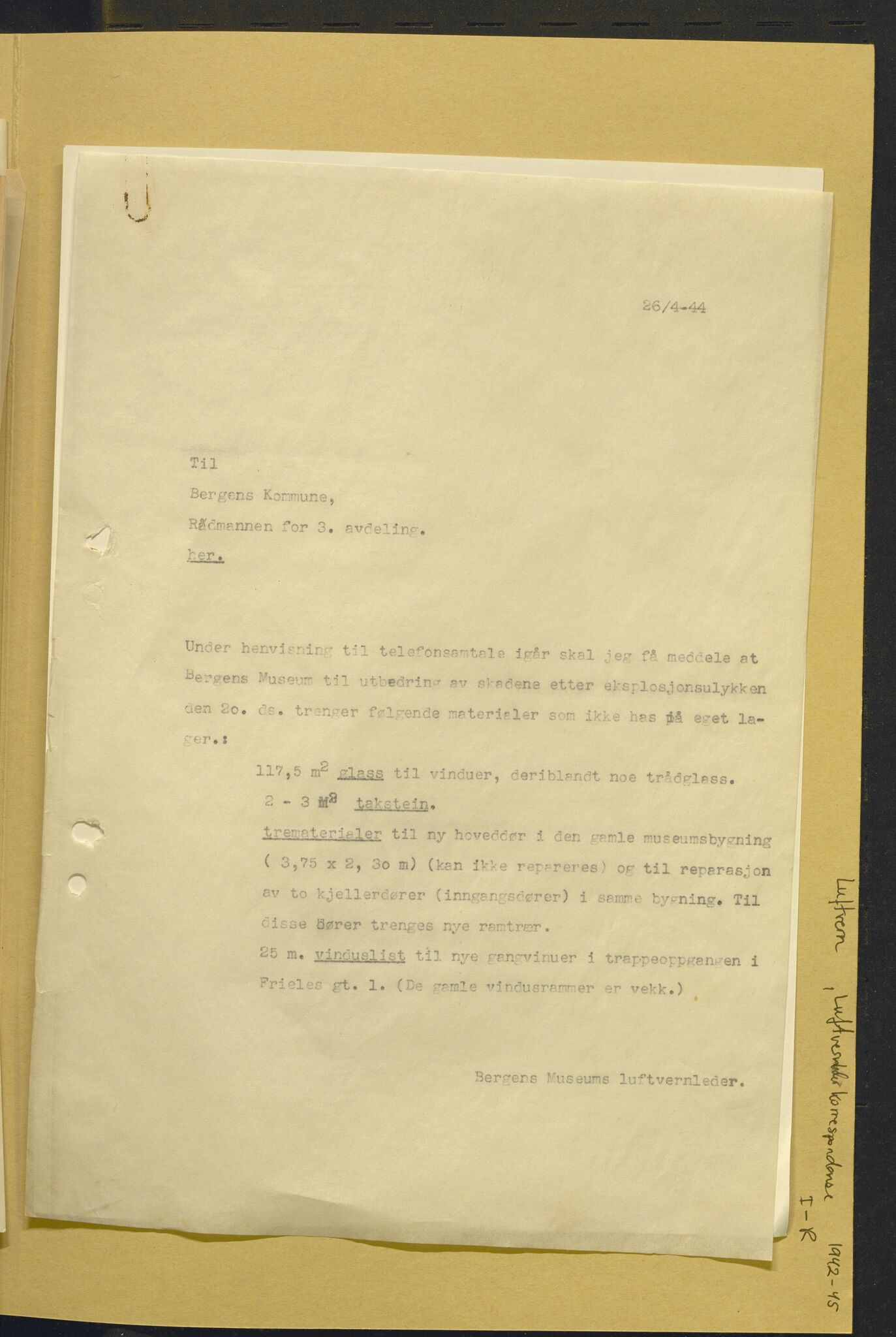 Bergens Museum, AV/SAB-A-17301/02/L/L0001: Luftvernsikring, korrespondanse , 1942-1945, p. 433