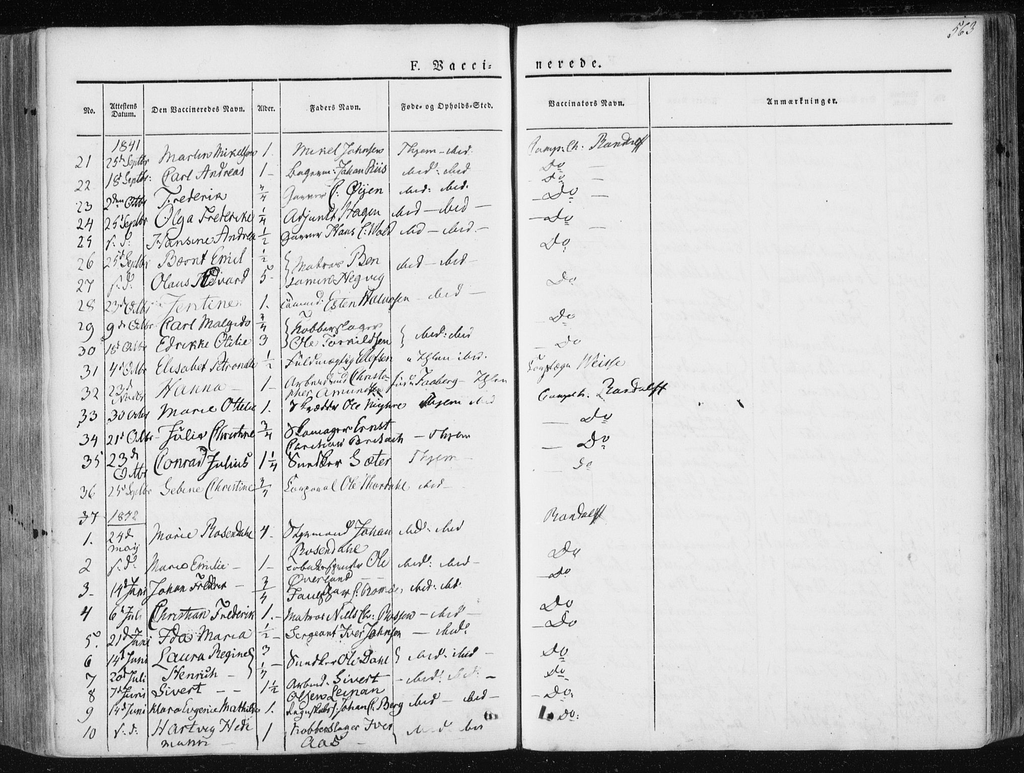 Ministerialprotokoller, klokkerbøker og fødselsregistre - Sør-Trøndelag, SAT/A-1456/601/L0049: Parish register (official) no. 601A17, 1839-1847, p. 563