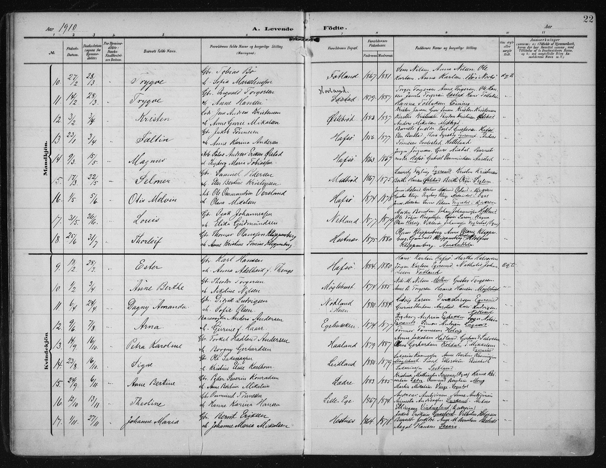 Eigersund sokneprestkontor, AV/SAST-A-101807/001/30/30BA/L0021: Parish register (official) no. A 20, 1906-1928, p. 22