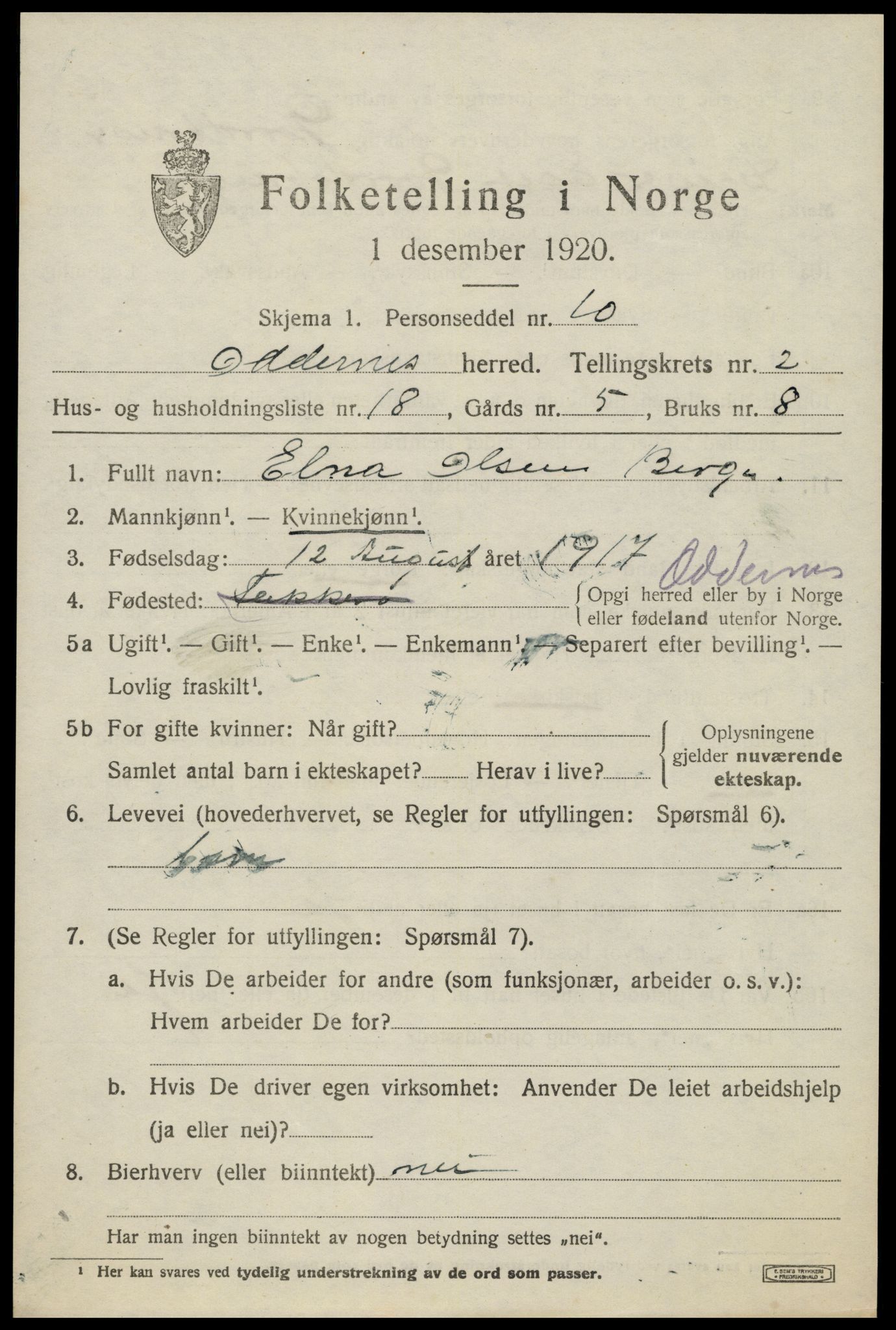 SAK, 1920 census for Oddernes, 1920, p. 3037