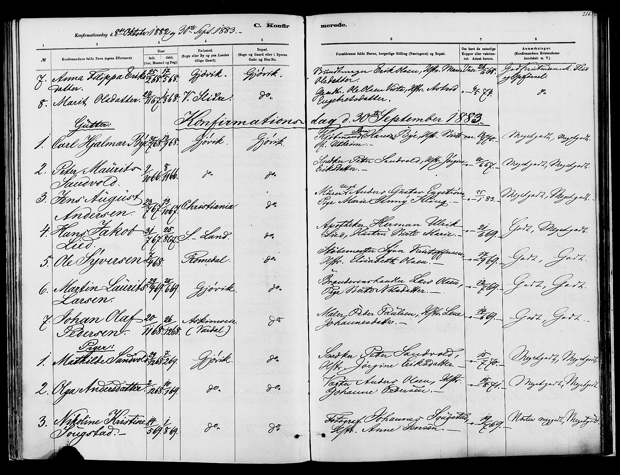 Vardal prestekontor, SAH/PREST-100/H/Ha/Haa/L0008: Parish register (official) no. 8, 1878-1890, p. 266