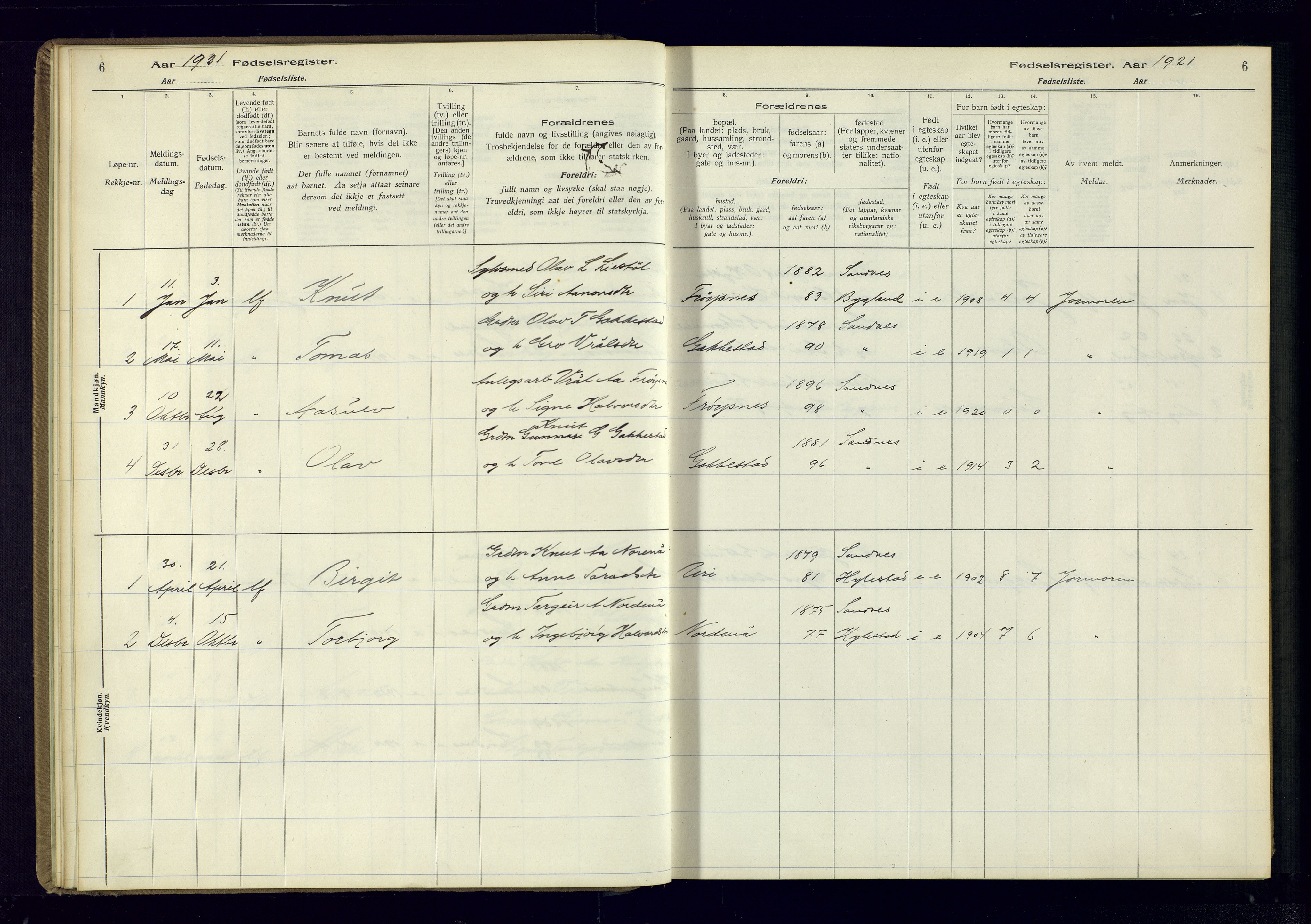 Bygland sokneprestkontor, AV/SAK-1111-0006/J/Ja/L0003: Birth register no. II.4.4, 1916-1980, p. 6