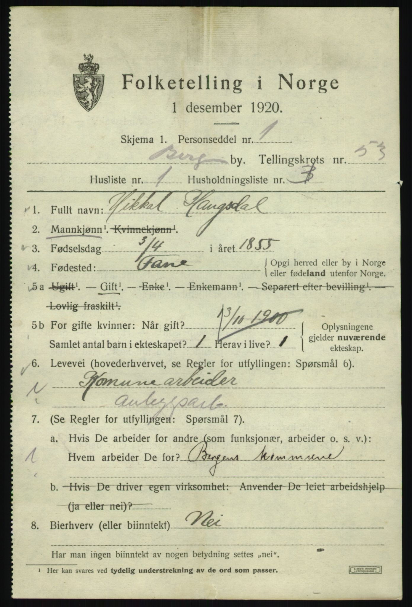 SAB, 1920 census for Bergen, 1920, p. 121512