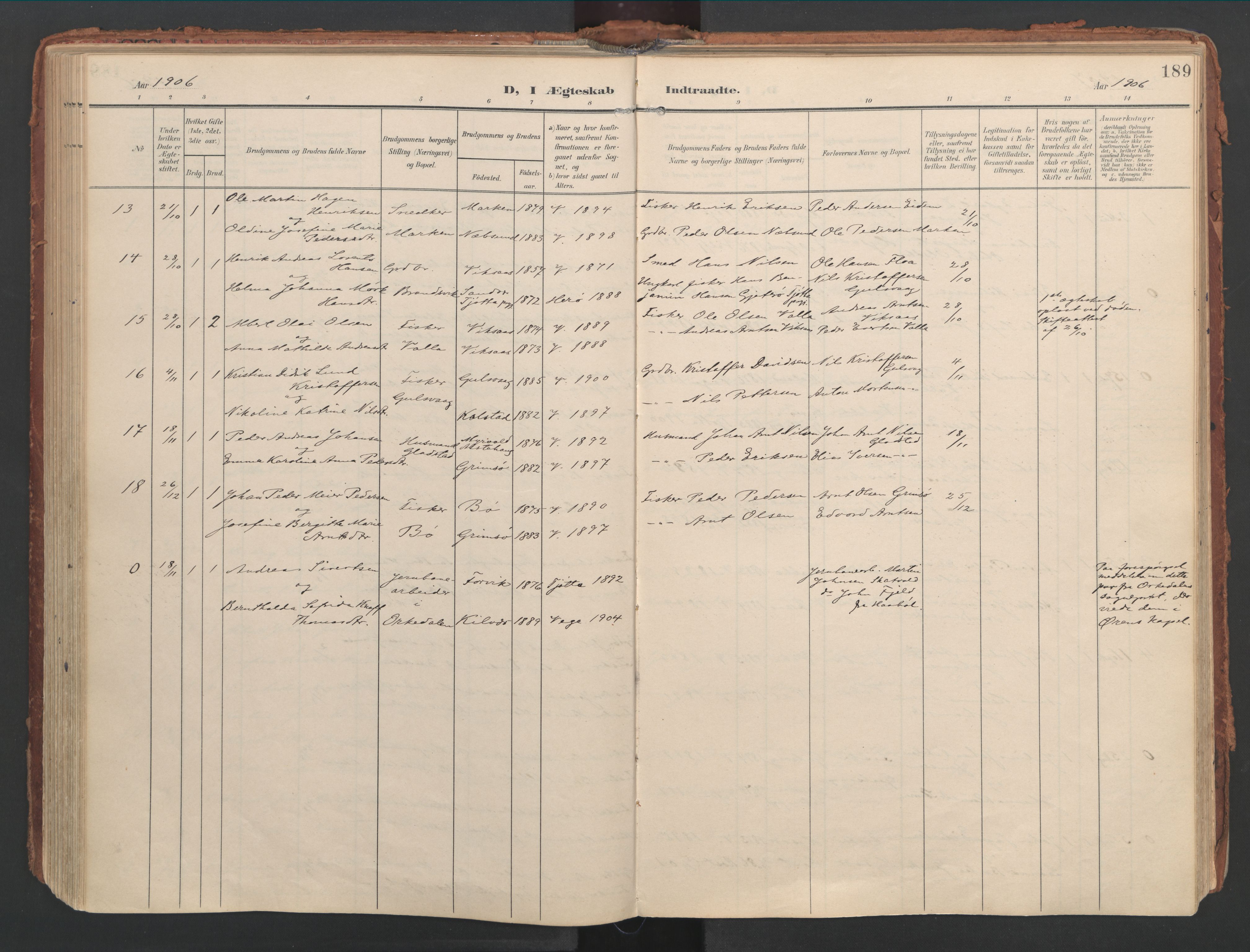 Ministerialprotokoller, klokkerbøker og fødselsregistre - Nordland, AV/SAT-A-1459/816/L0250: Parish register (official) no. 816A16, 1903-1923, p. 189