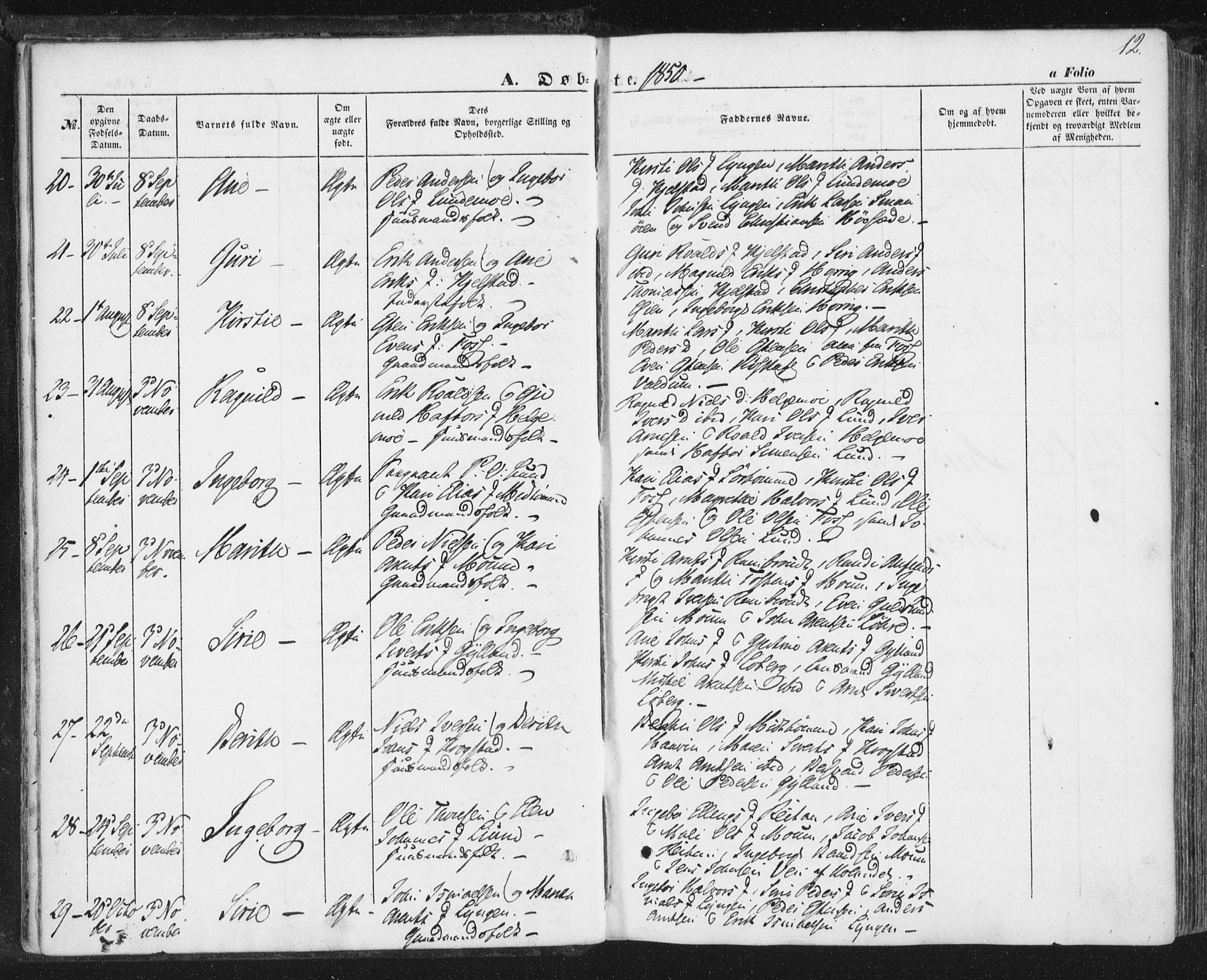 Ministerialprotokoller, klokkerbøker og fødselsregistre - Sør-Trøndelag, AV/SAT-A-1456/692/L1103: Parish register (official) no. 692A03, 1849-1870, p. 12