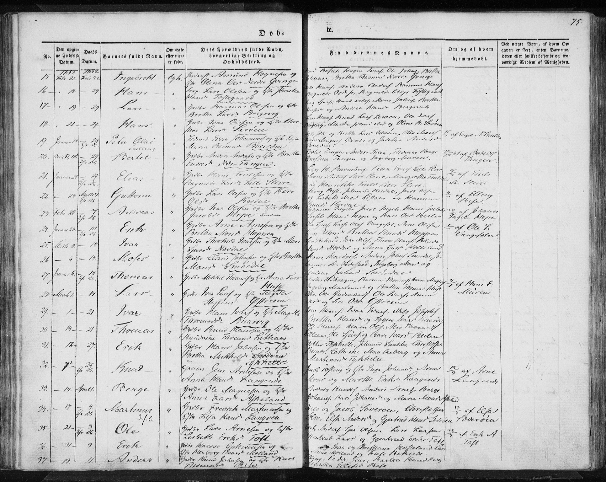 Lindås Sokneprestembete, AV/SAB-A-76701/H/Haa/Haaa/L0010: Parish register (official) no. A 10, 1842-1862, p. 75