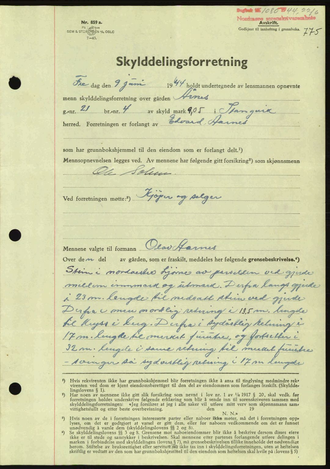 Nordmøre sorenskriveri, AV/SAT-A-4132/1/2/2Ca: Mortgage book no. A97, 1944-1944, Diary no: : 1080/1944