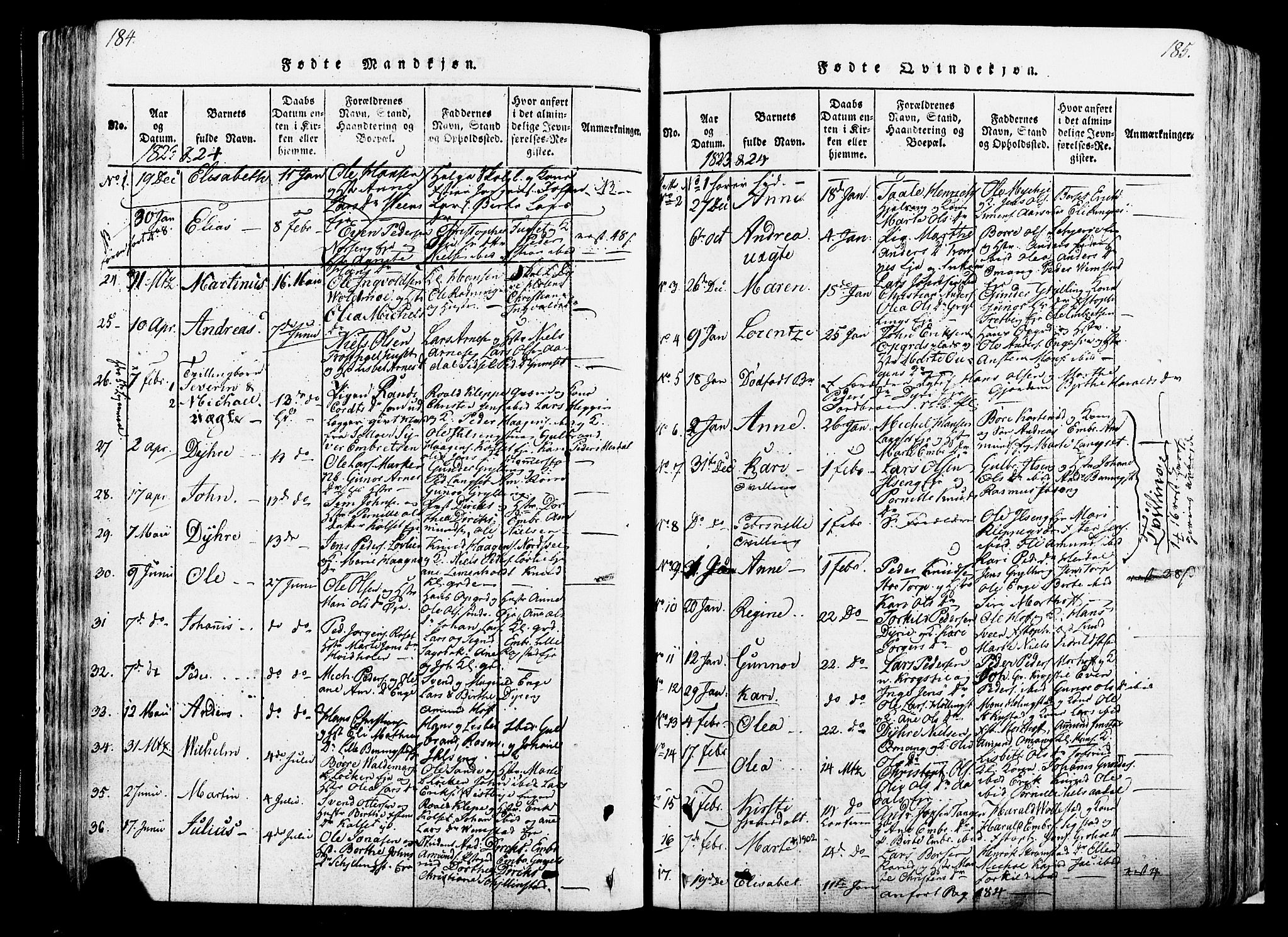 Løten prestekontor, SAH/PREST-022/K/Ka/L0005: Parish register (official) no. 5, 1814-1832, p. 184-185