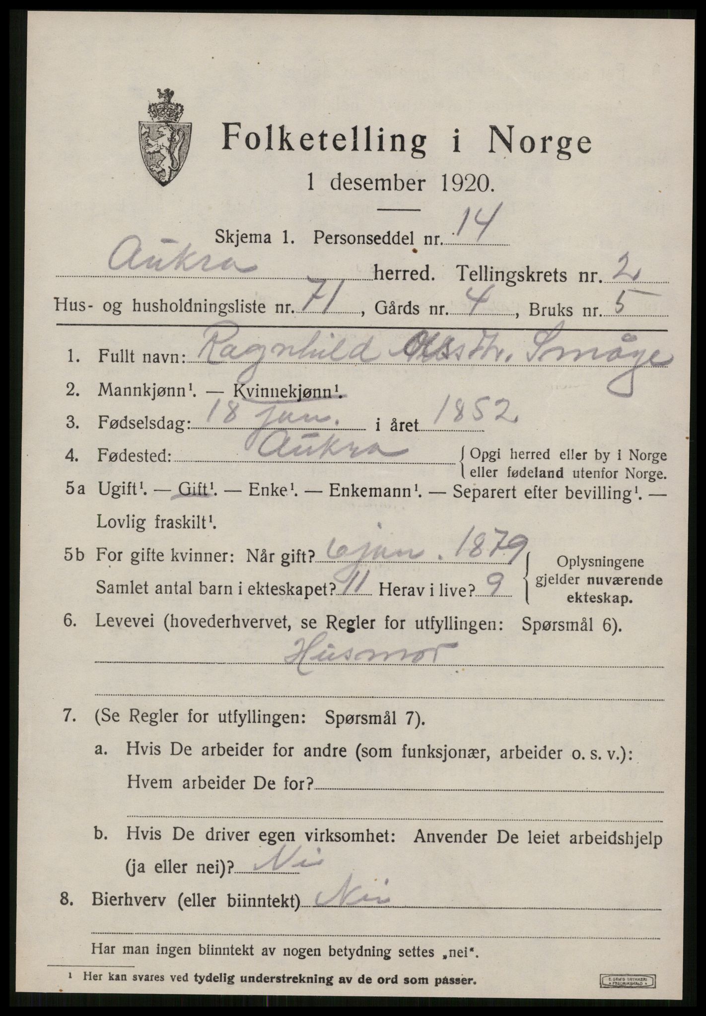 SAT, 1920 census for Aukra, 1920, p. 2499