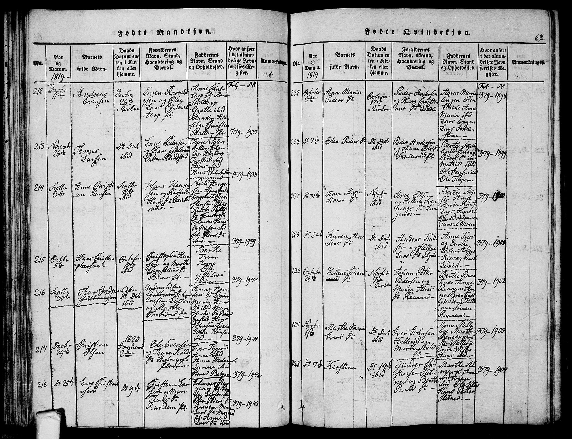 Eidsberg prestekontor Kirkebøker, AV/SAO-A-10905/G/Ga/L0001: Parish register (copy) no. I 1, 1814-1831, p. 62