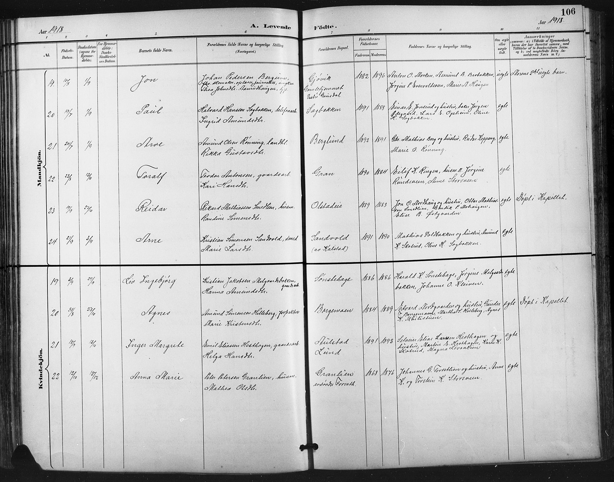 Vestre Gausdal prestekontor, SAH/PREST-094/H/Ha/Hab/L0003: Parish register (copy) no. 3, 1896-1925, p. 106