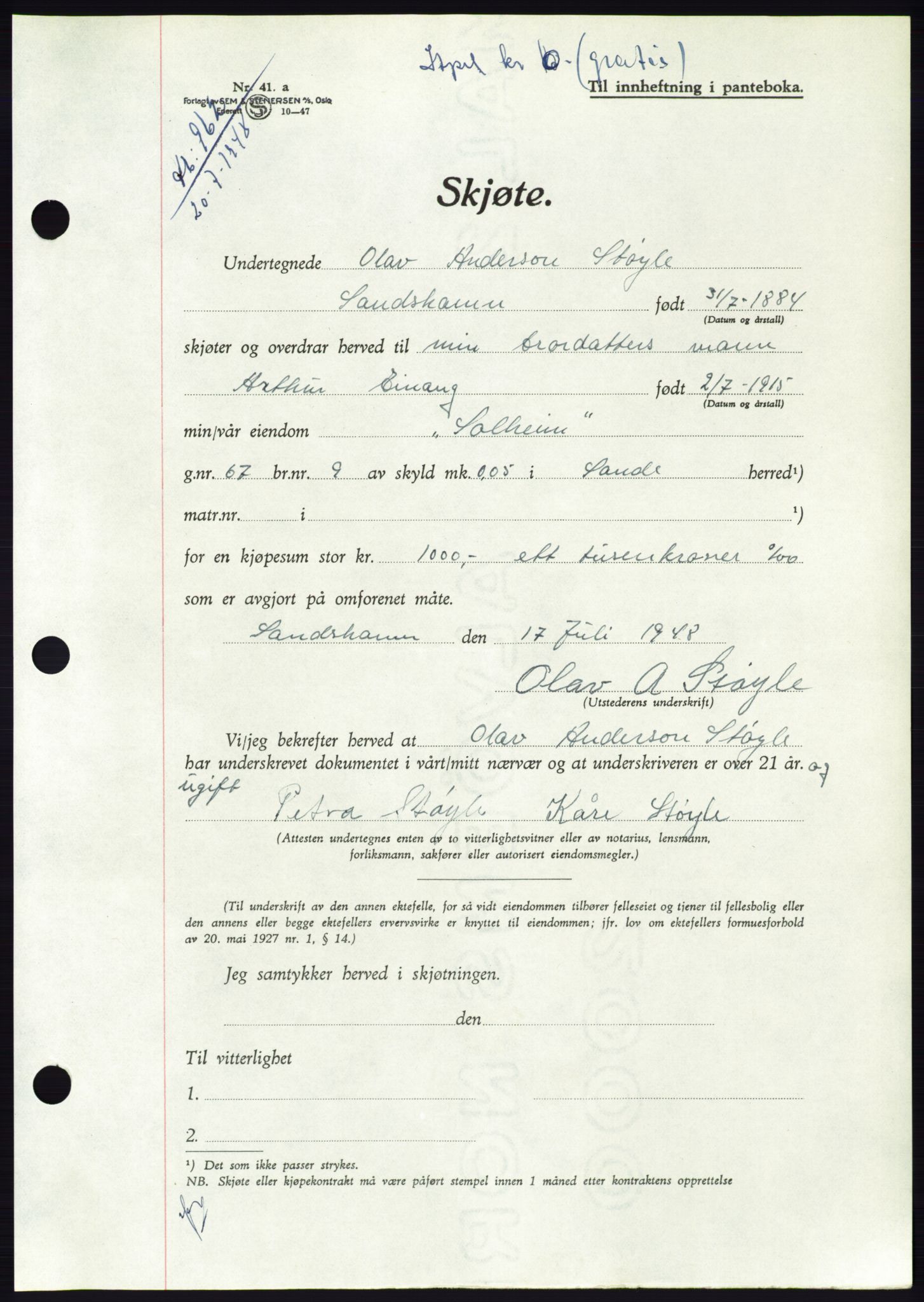 Søre Sunnmøre sorenskriveri, AV/SAT-A-4122/1/2/2C/L0082: Mortgage book no. 8A, 1948-1948, Diary no: : 962/1948