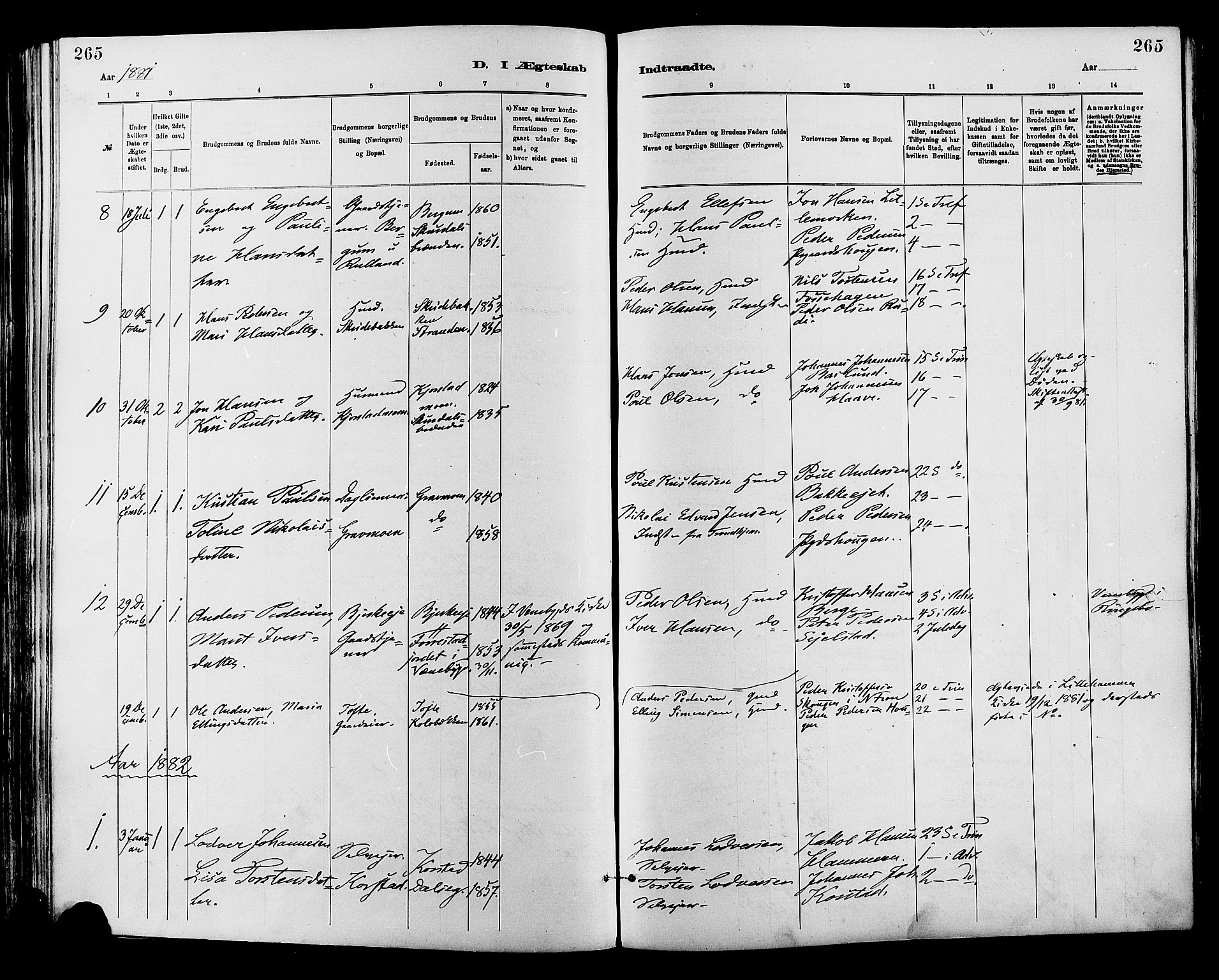 Sør-Fron prestekontor, SAH/PREST-010/H/Ha/Haa/L0003: Parish register (official) no. 3, 1881-1897, p. 265
