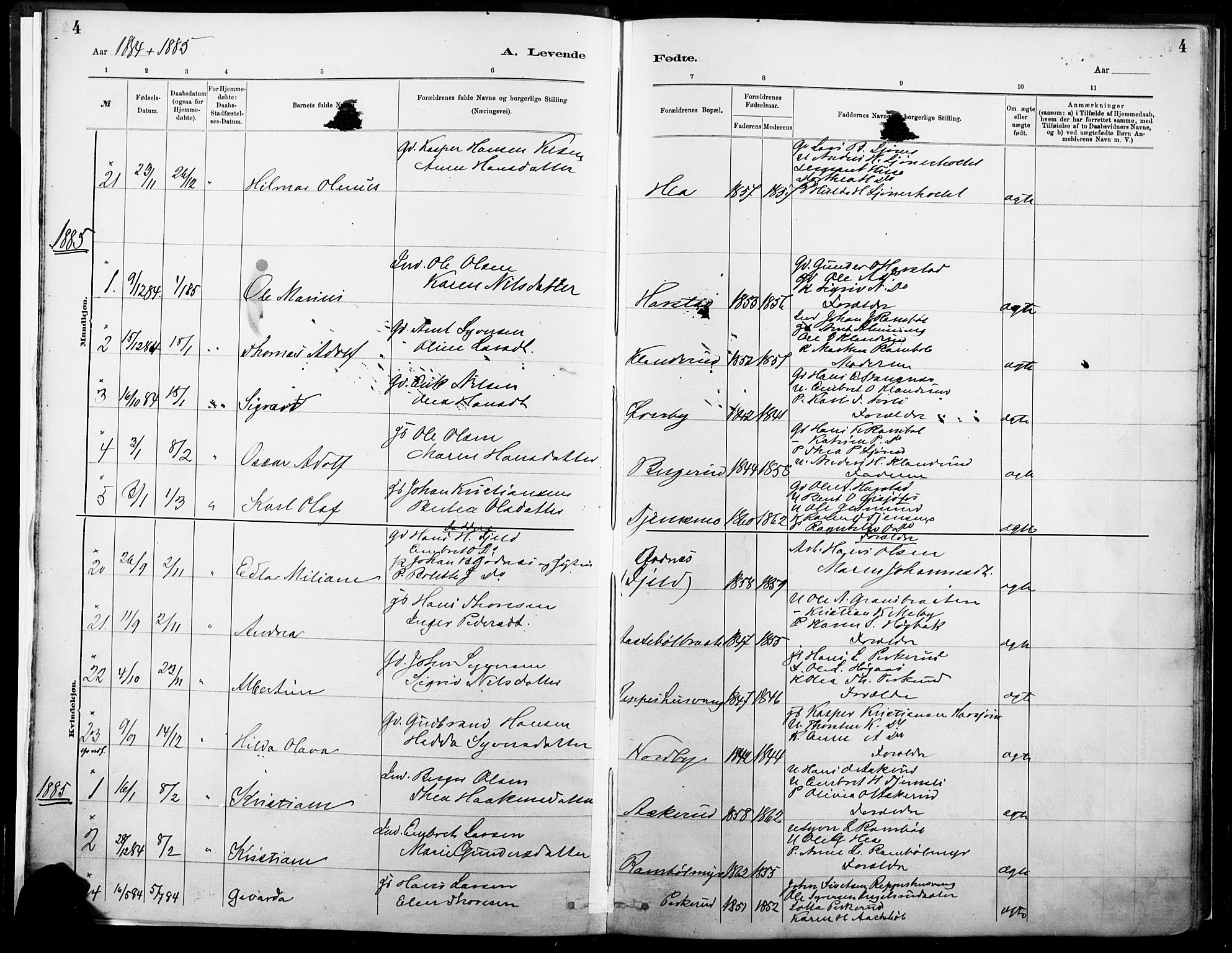 Eidskog prestekontor, SAH/PREST-026/H/Ha/Haa/L0004: Parish register (official) no. 4, 1884-1897, p. 4