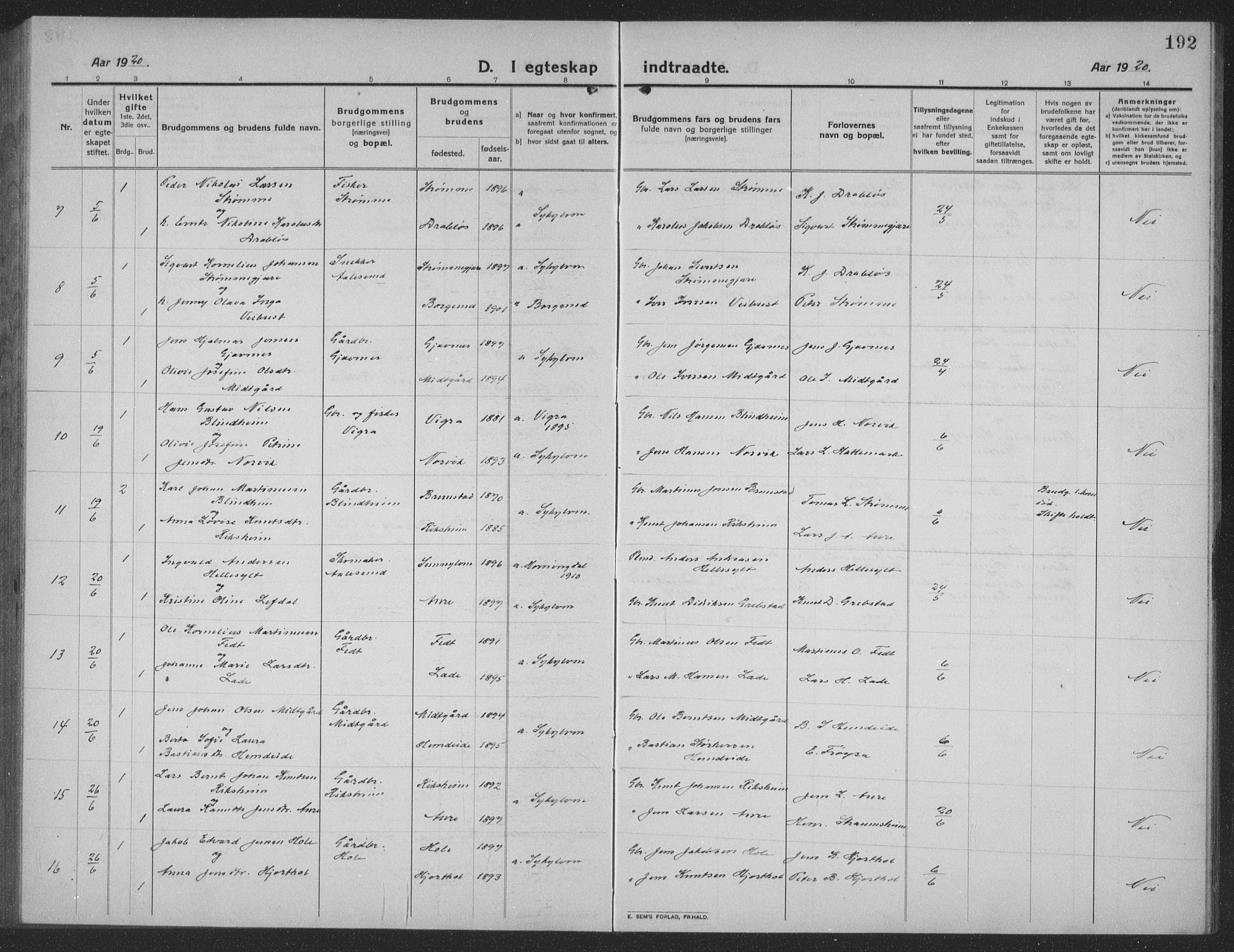 Ministerialprotokoller, klokkerbøker og fødselsregistre - Møre og Romsdal, AV/SAT-A-1454/523/L0342: Parish register (copy) no. 523C05, 1916-1937, p. 192