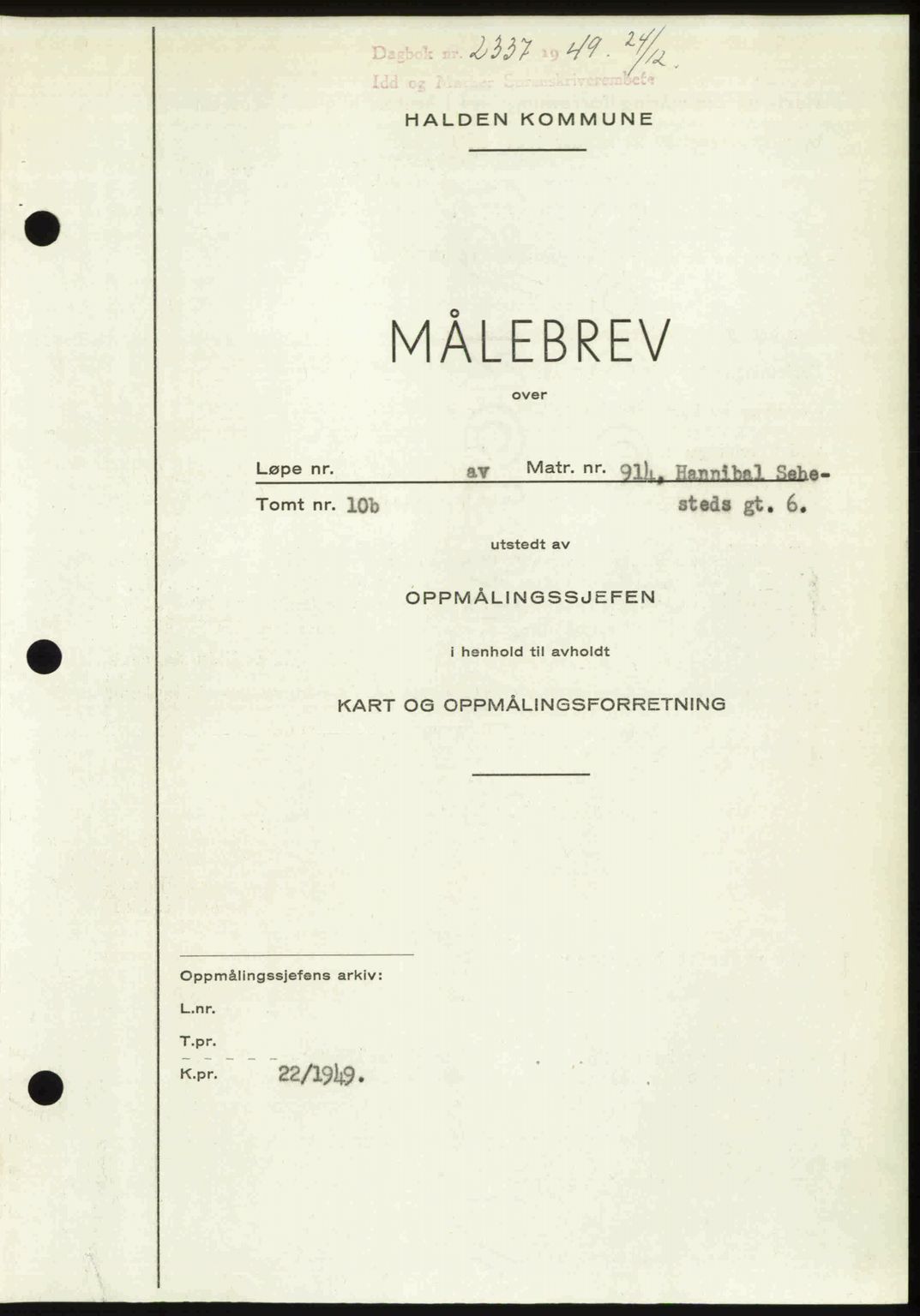 Idd og Marker sorenskriveri, AV/SAO-A-10283/G/Gb/Gbb/L0013: Mortgage book no. A13, 1949-1950, Diary no: : 2337/1949