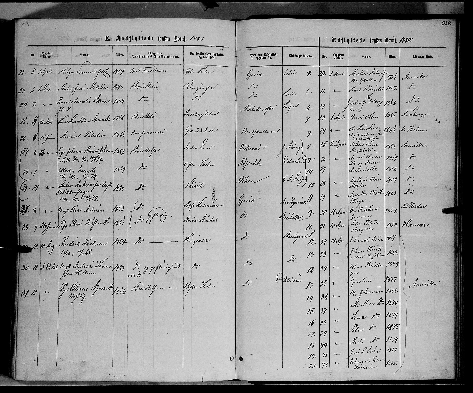 Vardal prestekontor, SAH/PREST-100/H/Ha/Hab/L0006: Parish register (copy) no. 6, 1869-1881, p. 389
