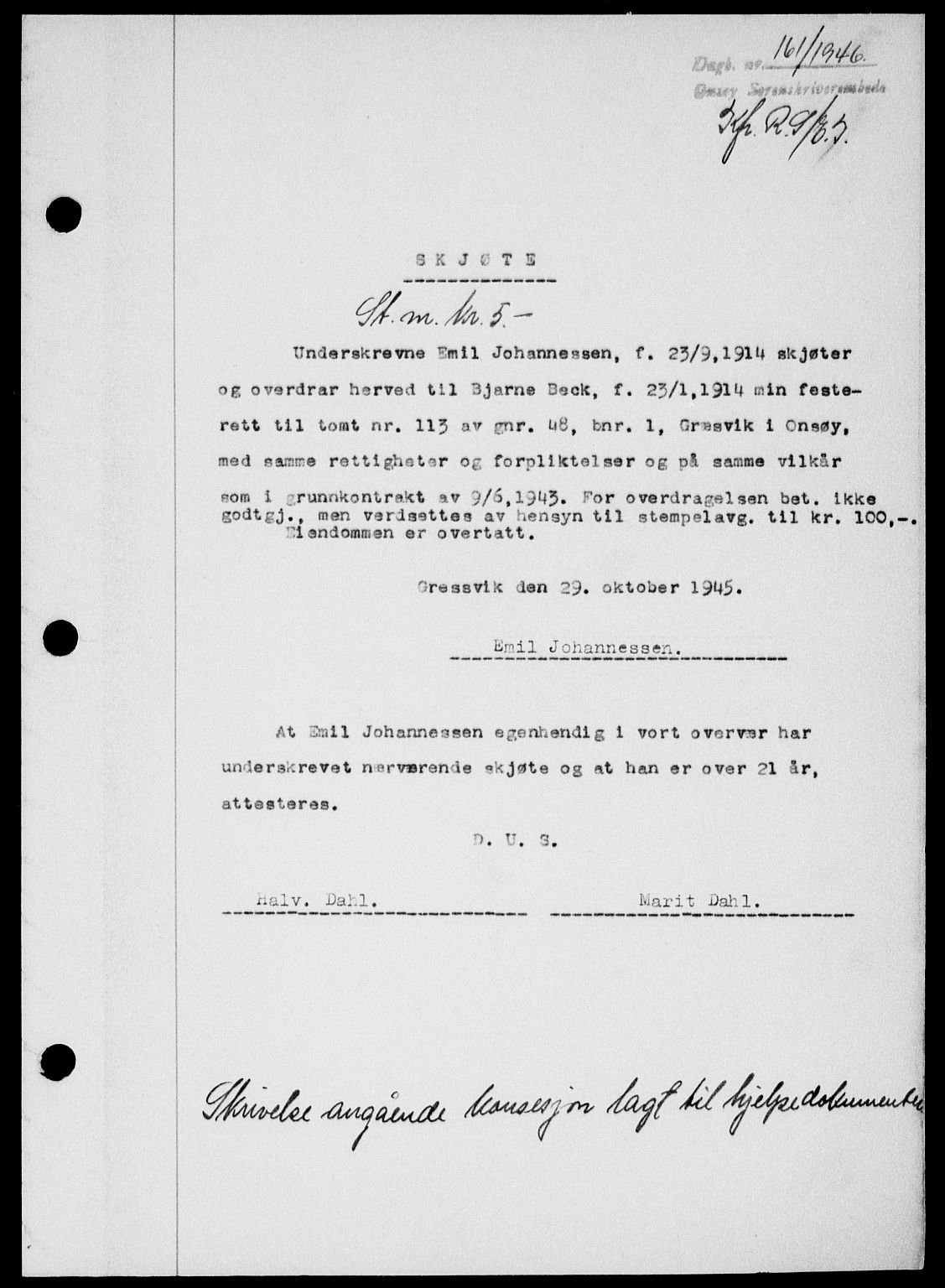Onsøy sorenskriveri, SAO/A-10474/G/Ga/Gab/L0015: Mortgage book no. II A-15, 1945-1946, Diary no: : 161/1946