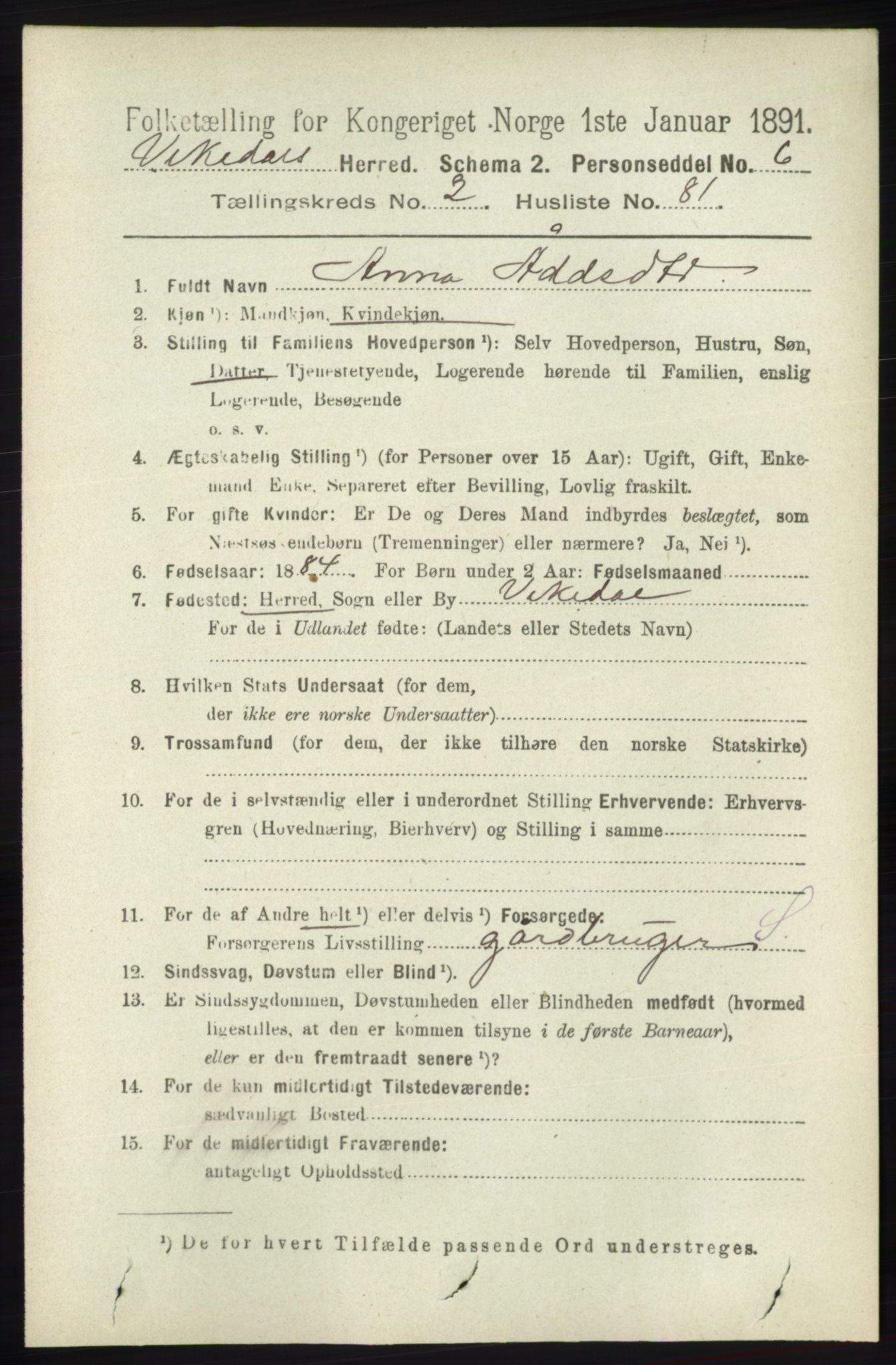 RA, 1891 census for 1157 Vikedal, 1891, p. 625