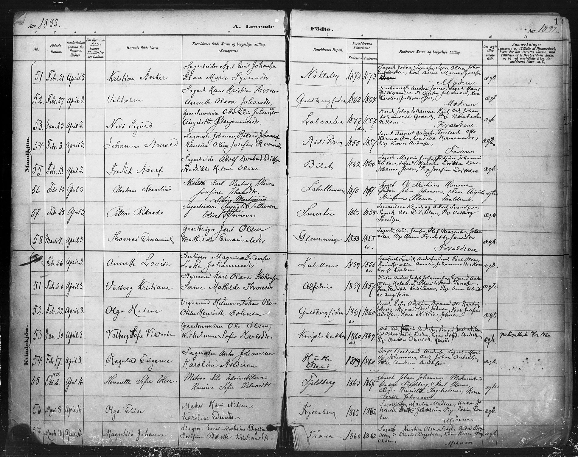 Glemmen prestekontor Kirkebøker, AV/SAO-A-10908/F/Fa/L0013: Parish register (official) no. 13, 1892-1907, p. 1