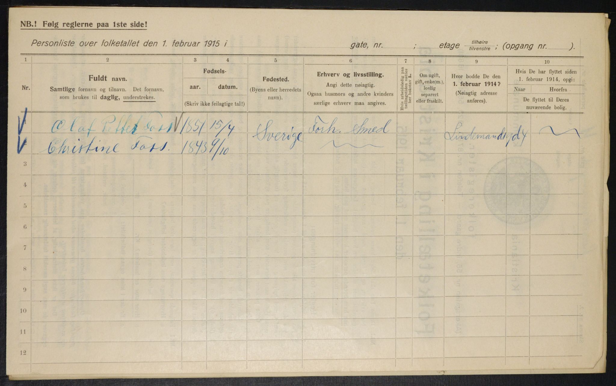 OBA, Municipal Census 1915 for Kristiania, 1915, p. 57130