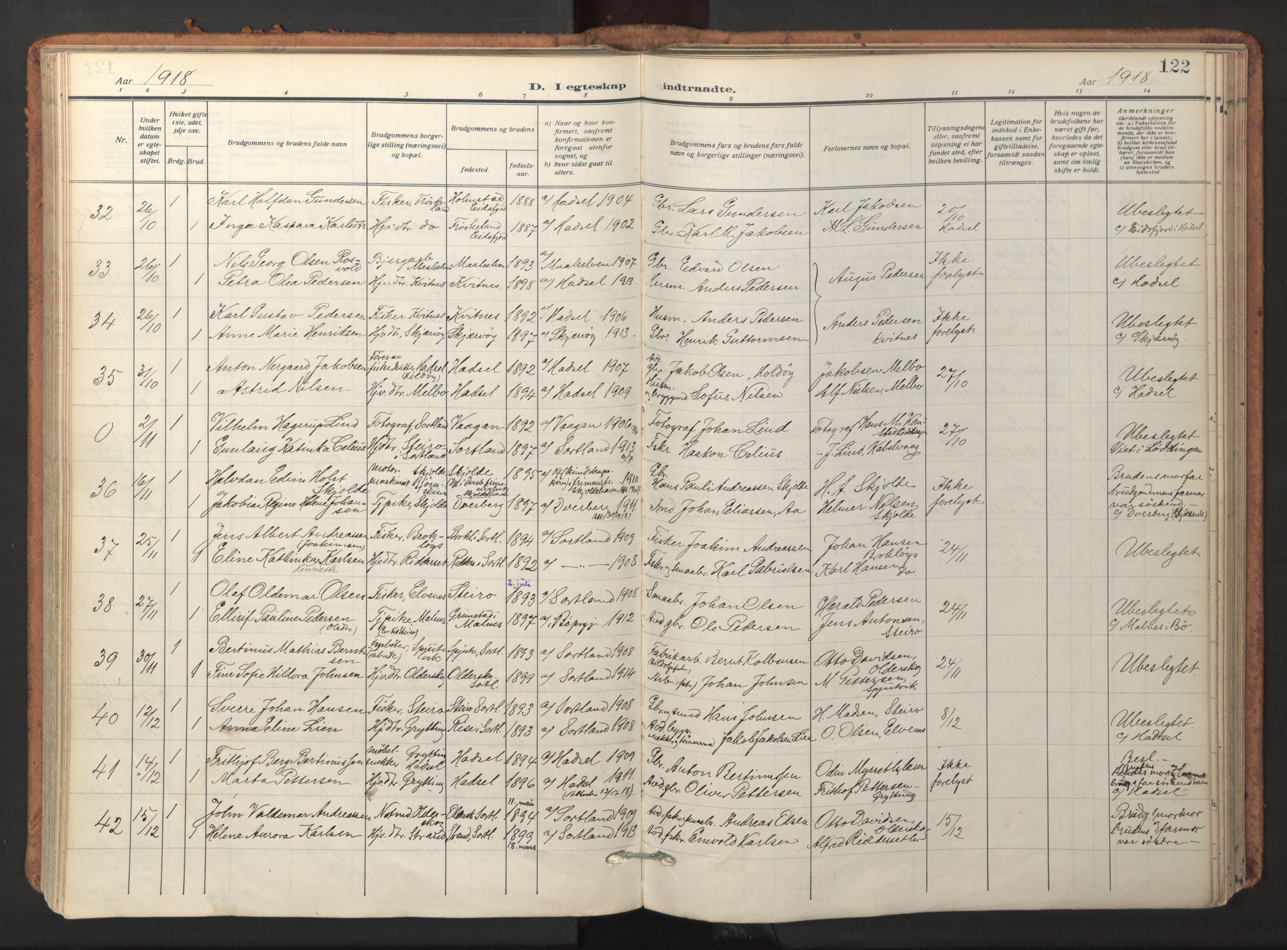 Ministerialprotokoller, klokkerbøker og fødselsregistre - Nordland, AV/SAT-A-1459/895/L1374: Parish register (official) no. 895A09, 1915-1925, p. 122