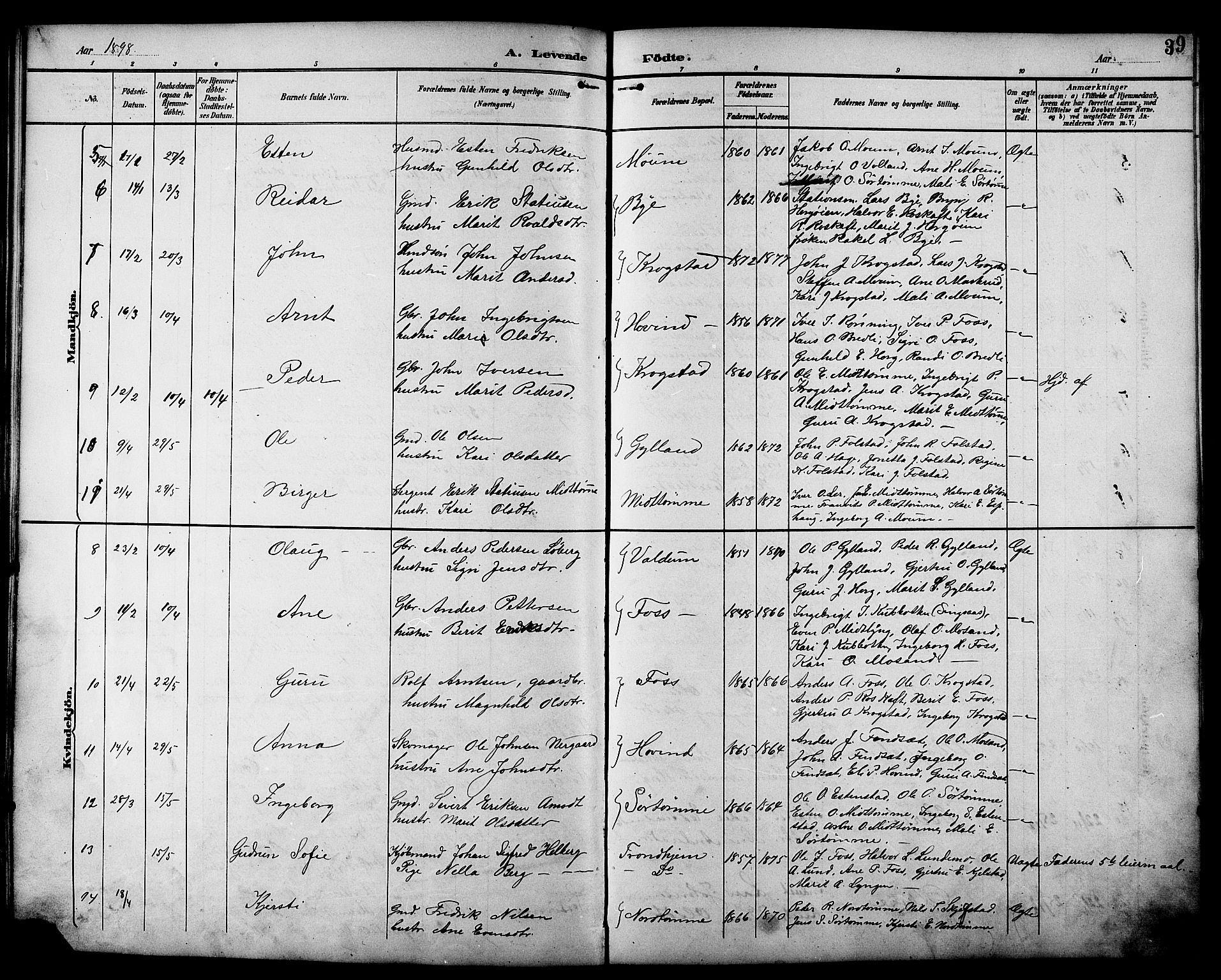 Ministerialprotokoller, klokkerbøker og fødselsregistre - Sør-Trøndelag, AV/SAT-A-1456/692/L1111: Parish register (copy) no. 692C06, 1890-1904, p. 39