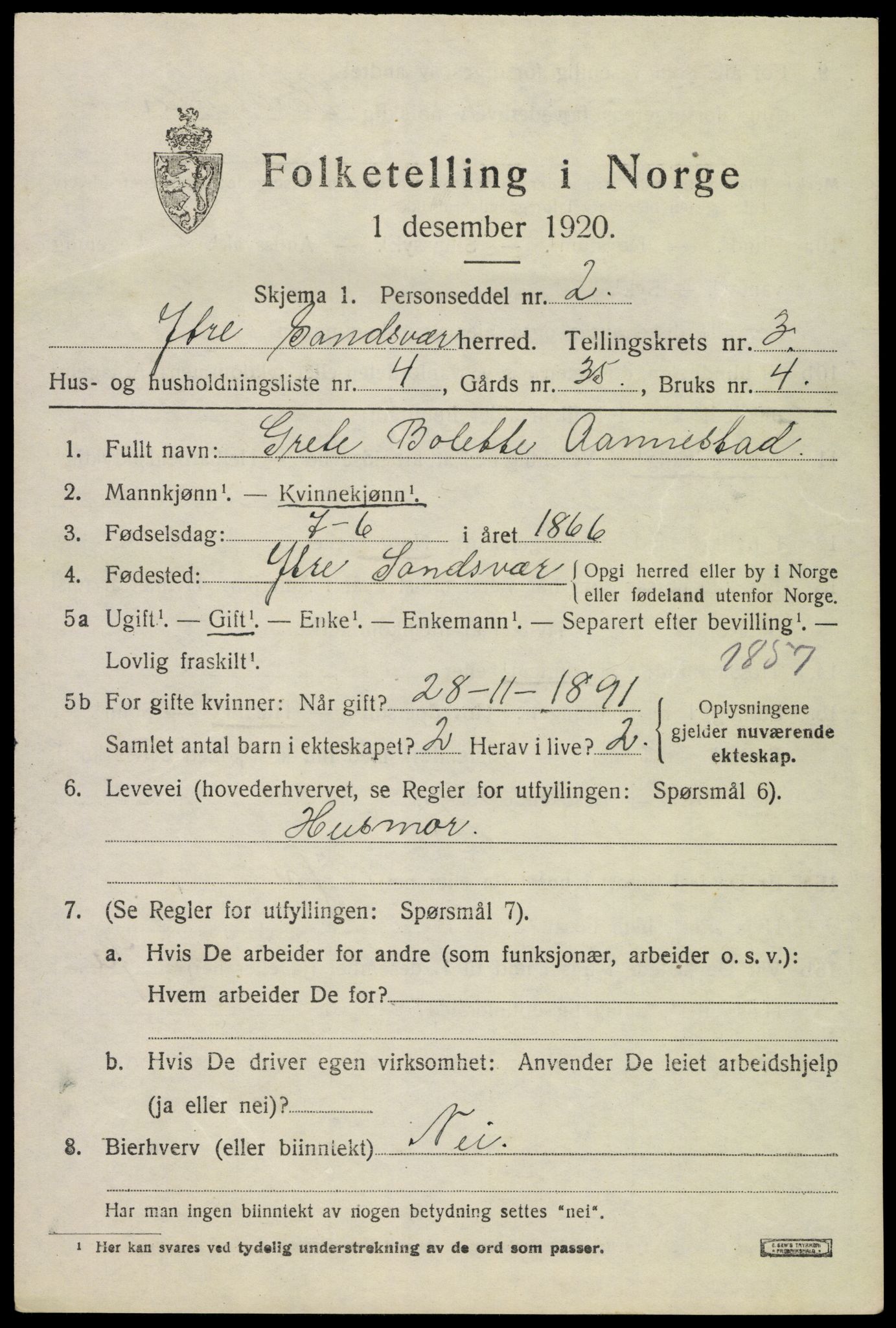 SAKO, 1920 census for Ytre Sandsvær, 1920, p. 3728