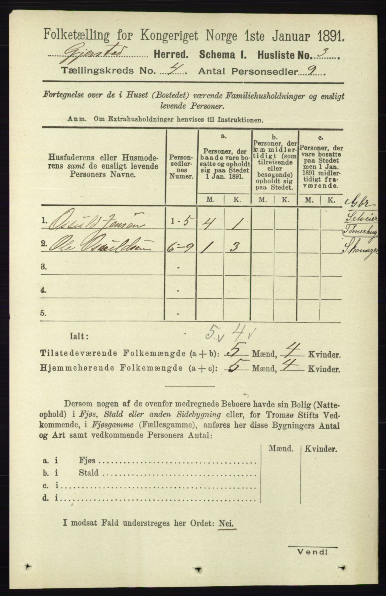 RA, 1891 census for 0911 Gjerstad, 1891, p. 1440