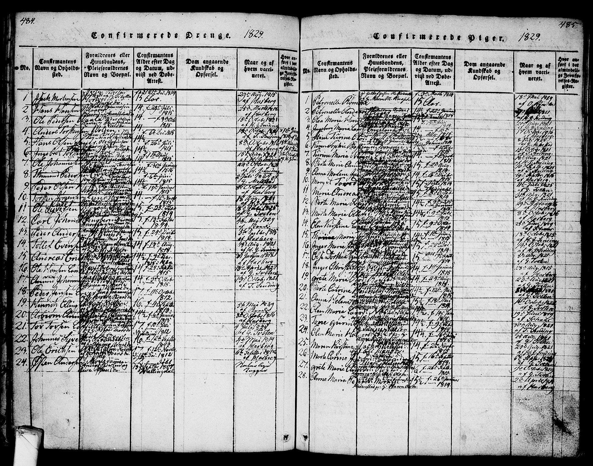 Sandsvær kirkebøker, SAKO/A-244/G/Ga/L0003: Parish register (copy) no. I 3, 1817-1839, p. 484-485