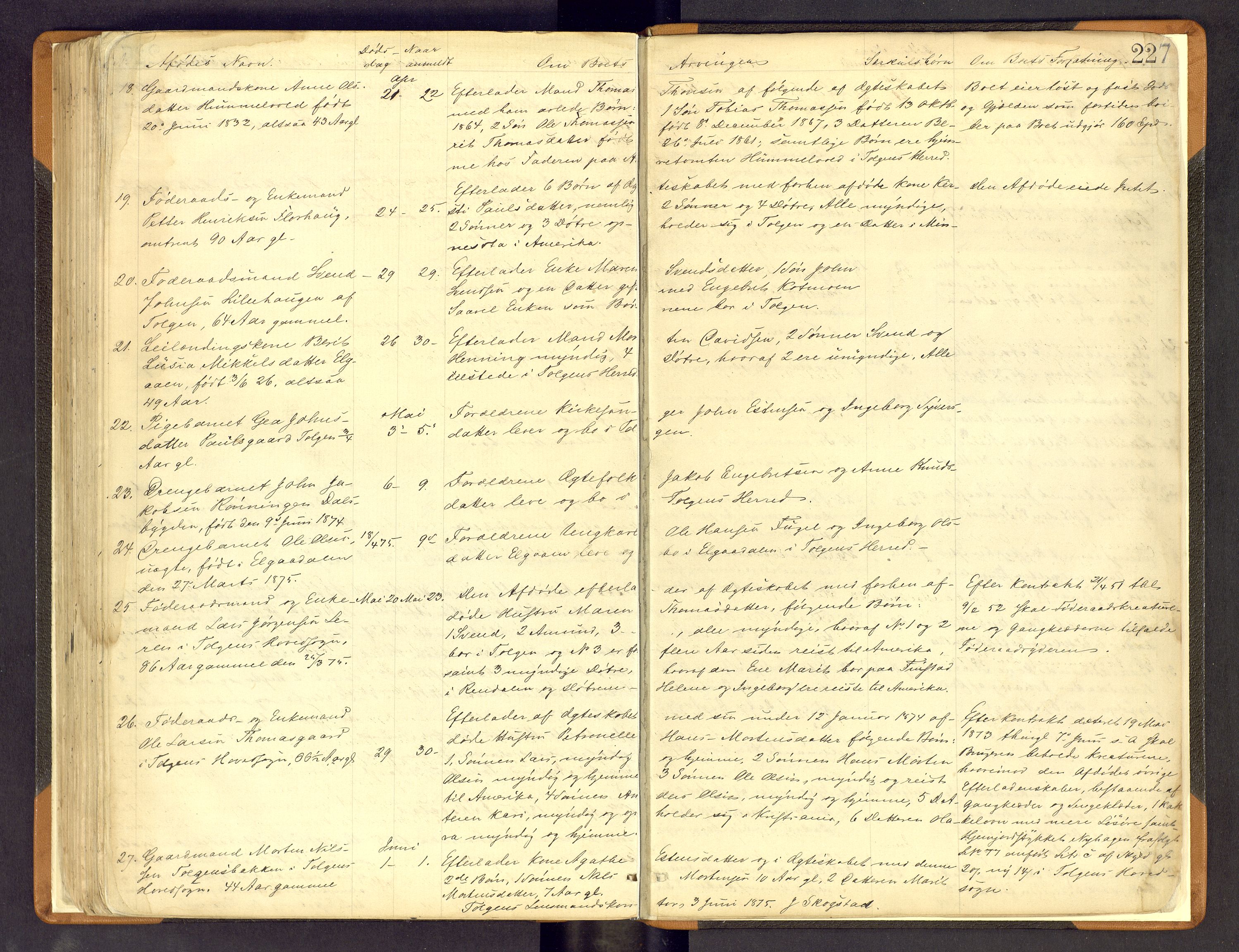 Nord-Østerdal tingrett, SAH/TING-020/H/Hi/L0002/0002: Forskjellig vedrørende tinglysing / Korrigering av grunnboka hvor hjemmelshaver mangler, er død m.v., 1863-1875, p. 227